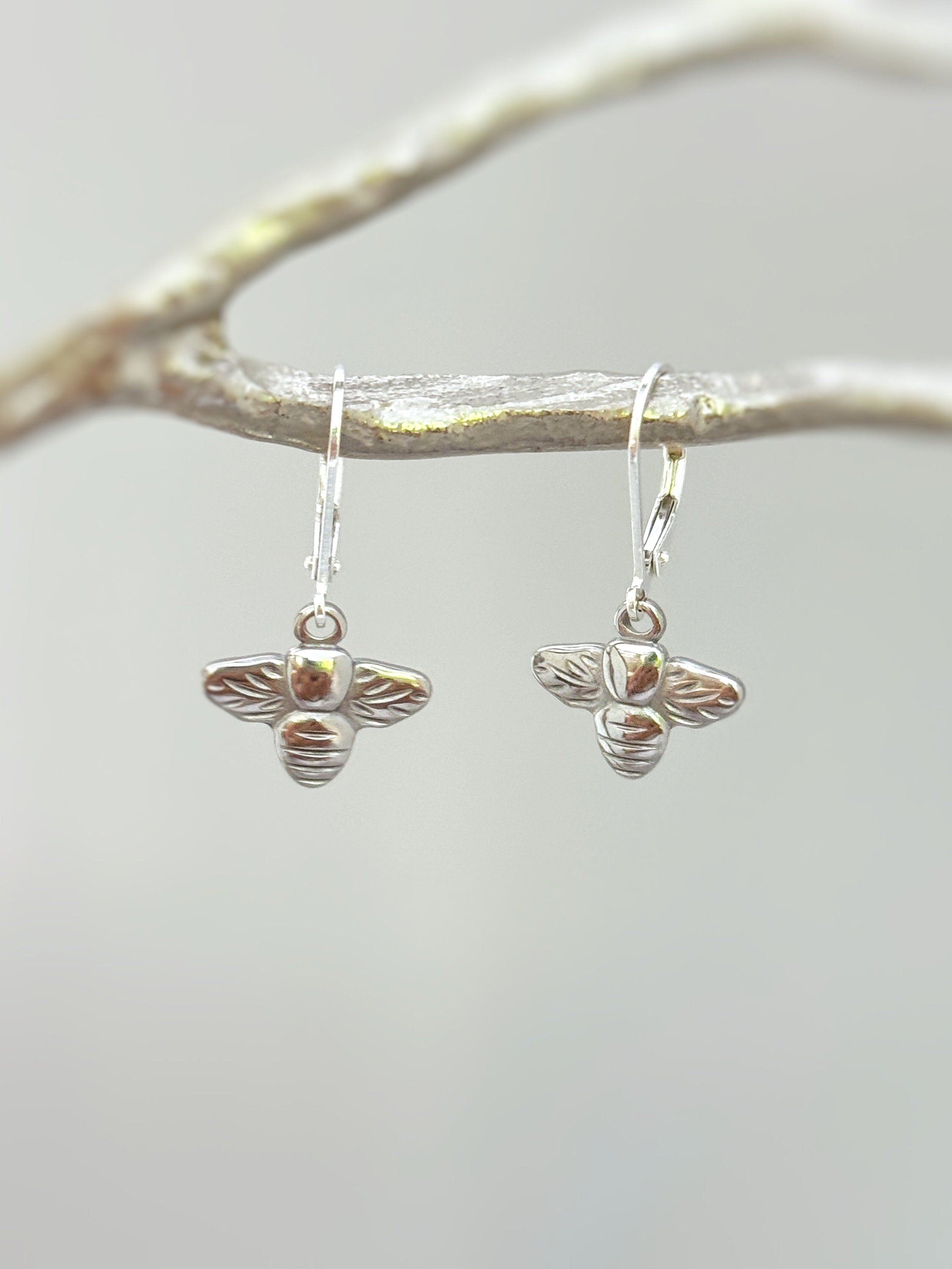 Dainty Bumble Bee Earrings dangle sterling silver, gold honey bee gift for nature lovers, boho earrings for granddaughters