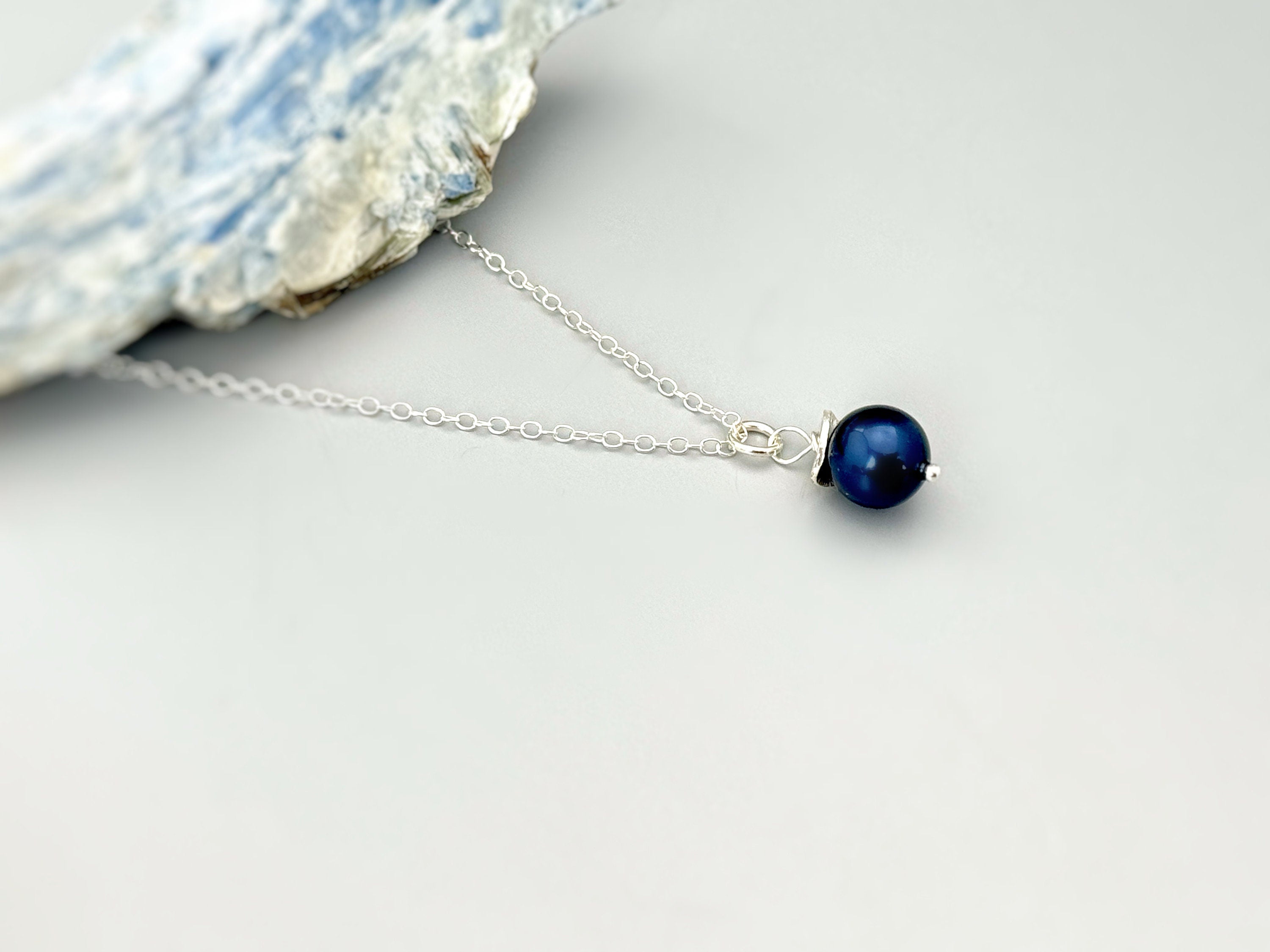 Dainty Blue Pearl Necklace Sterling Silver handmade single pearl pendant June birthstone jewelry necklace for women gift for mom, wife