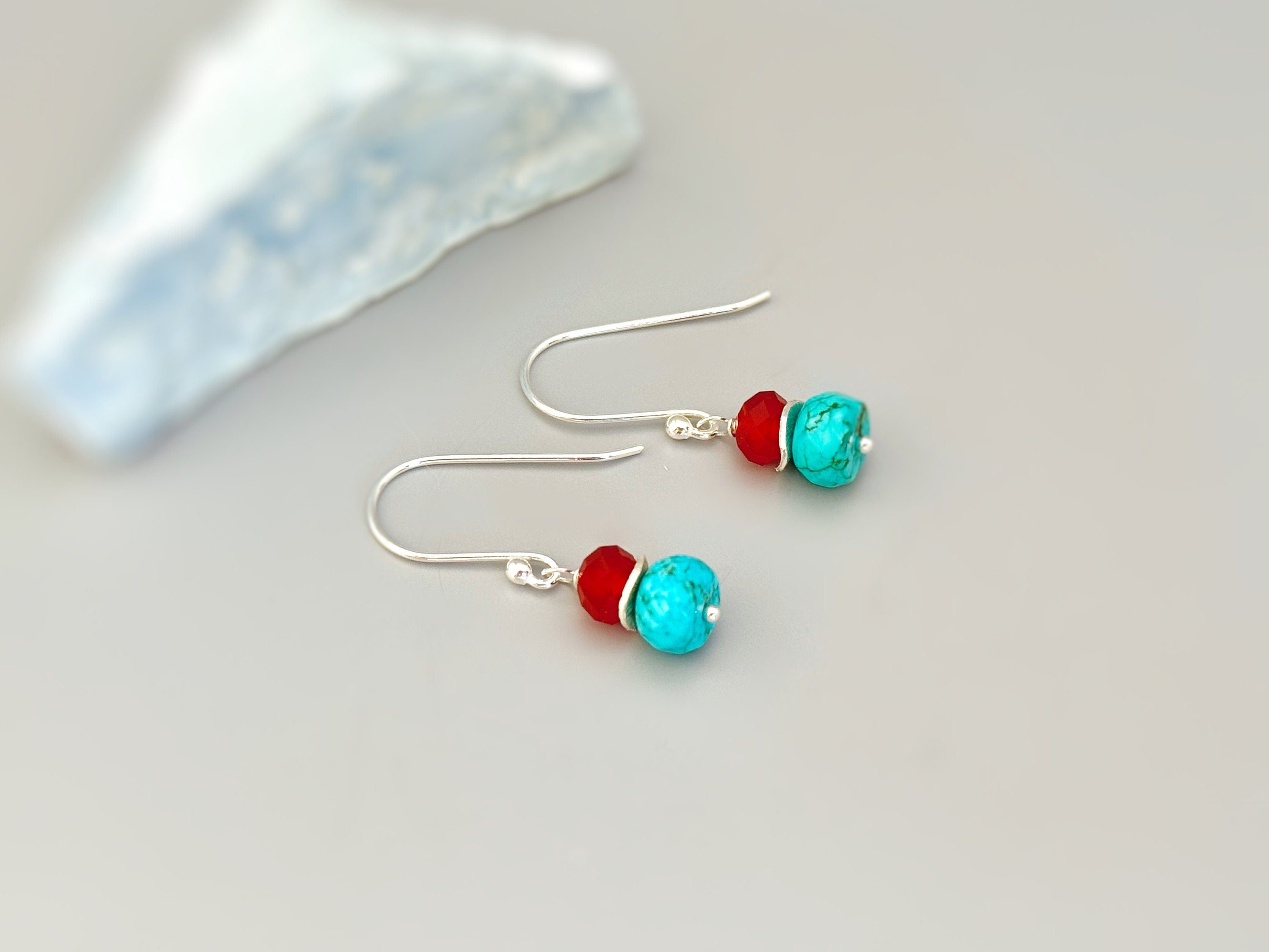 Turquoise Earrings dangle Sterling Silver gold dangly handmade blue gemstone December birthstone handmade jewelry gift for wife mom daughter