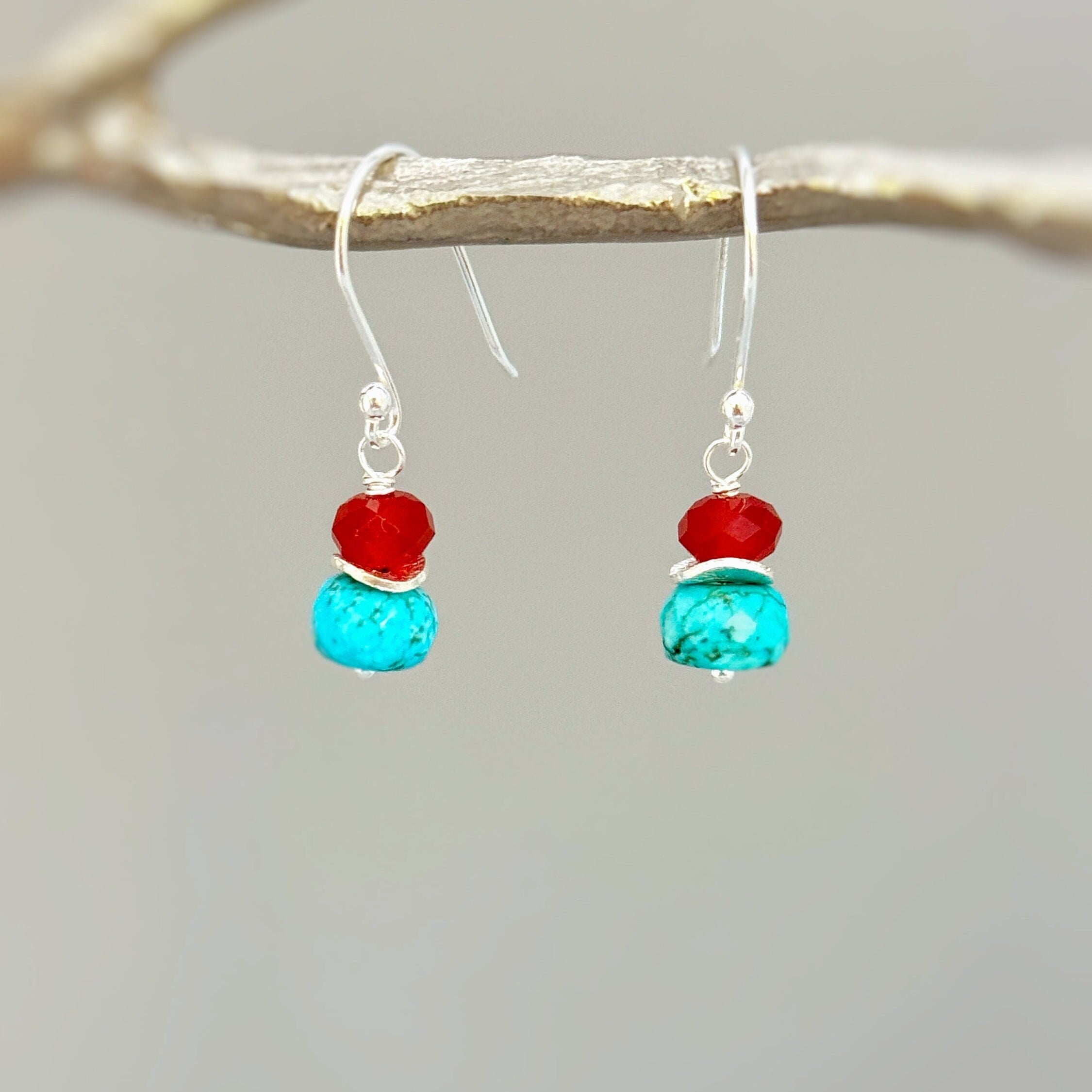 Sterling Silver Turquoise Drop earring dangle with carnelian gemstones