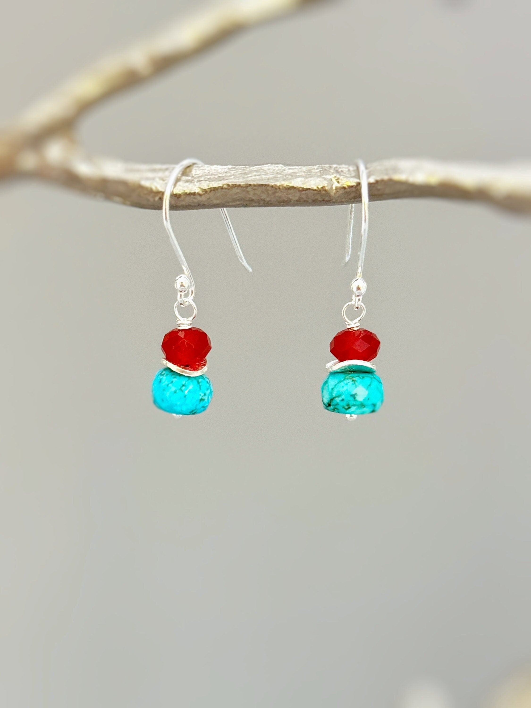 Sterling Silver Turquoise Drop earring dangle with carnelian gemstones