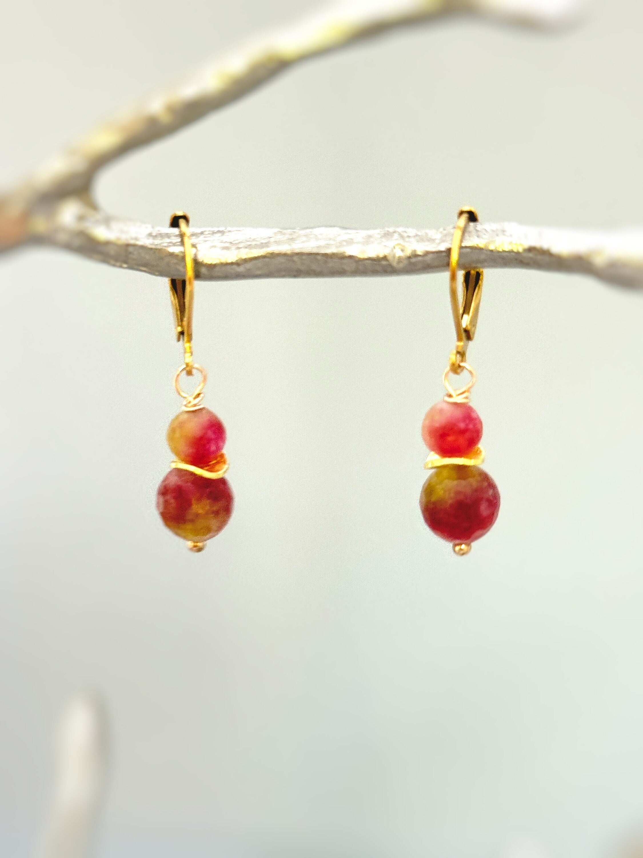 Watermelon Tourmaline Earrings dangle, 14k gold boho dangly, drop pink and green quartz lightweight Birthstone jewelry for women