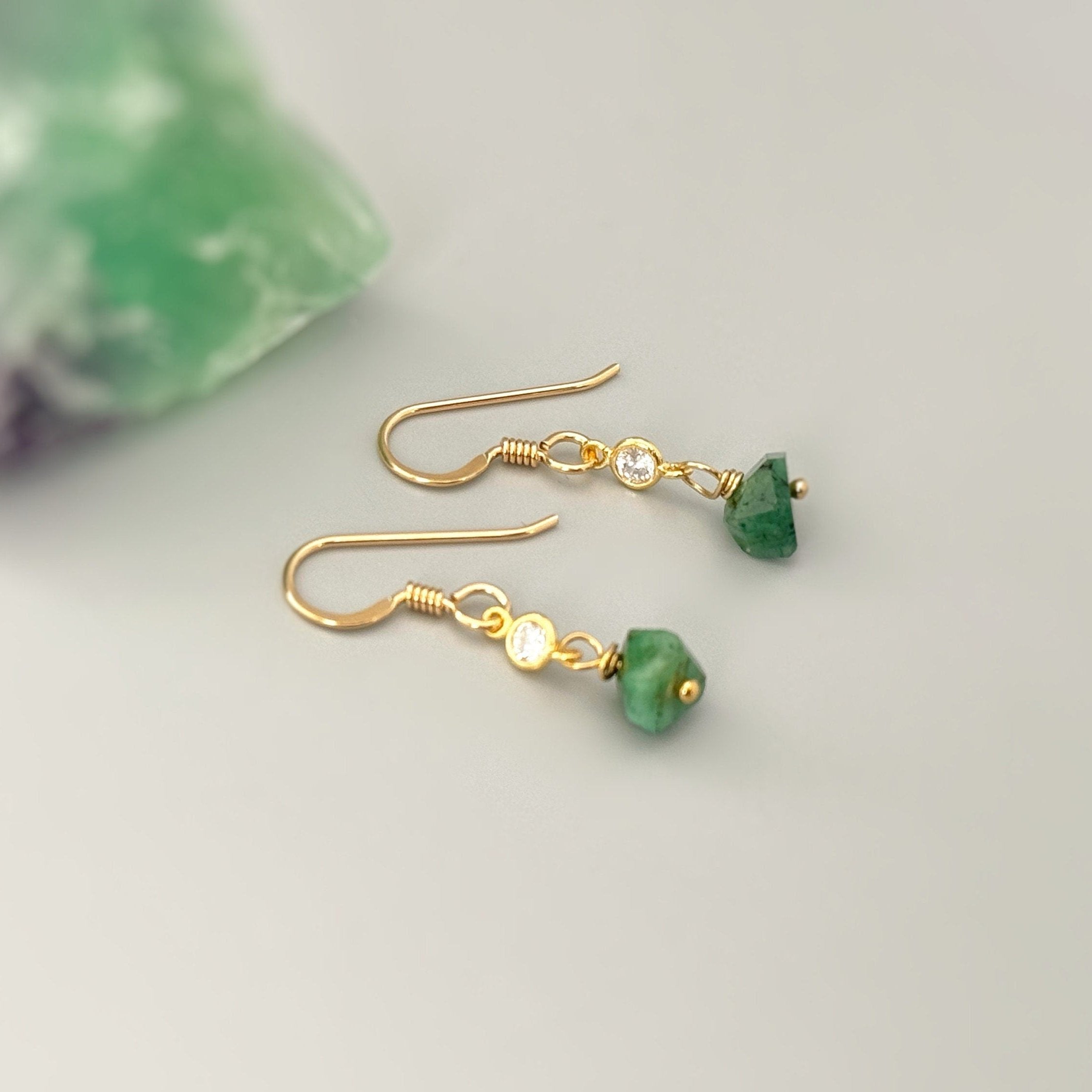 Raw Emerald Earrings Dangly Gold Fill, Sterling Silver dainty gemstone crystal earrings May Birthstone Handmade jewelry gift for woman