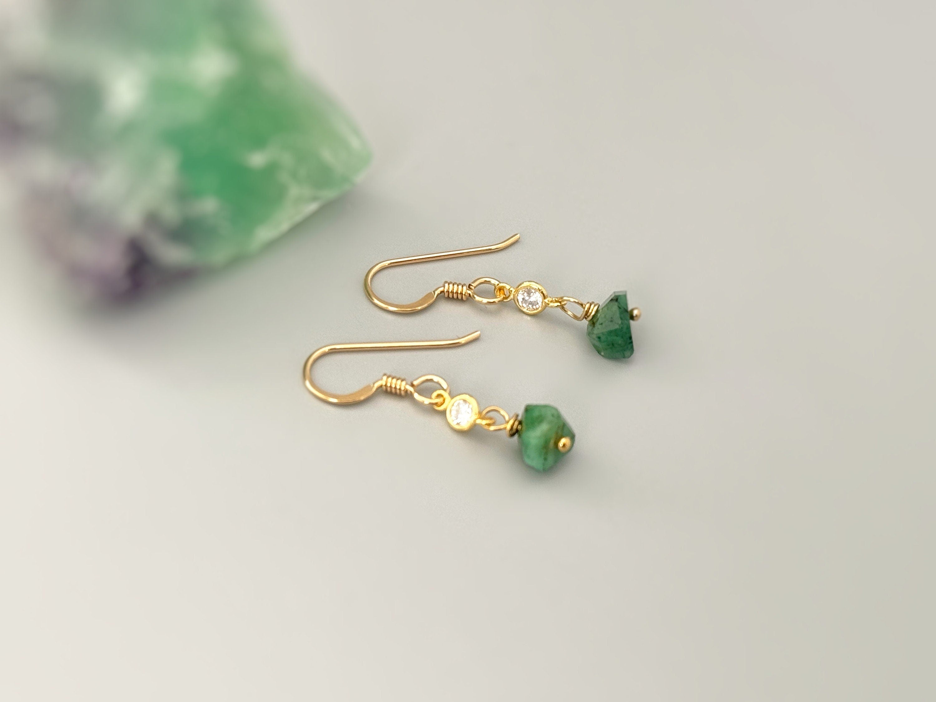 Raw Emerald Earrings Dangle Gold Sterling Silver