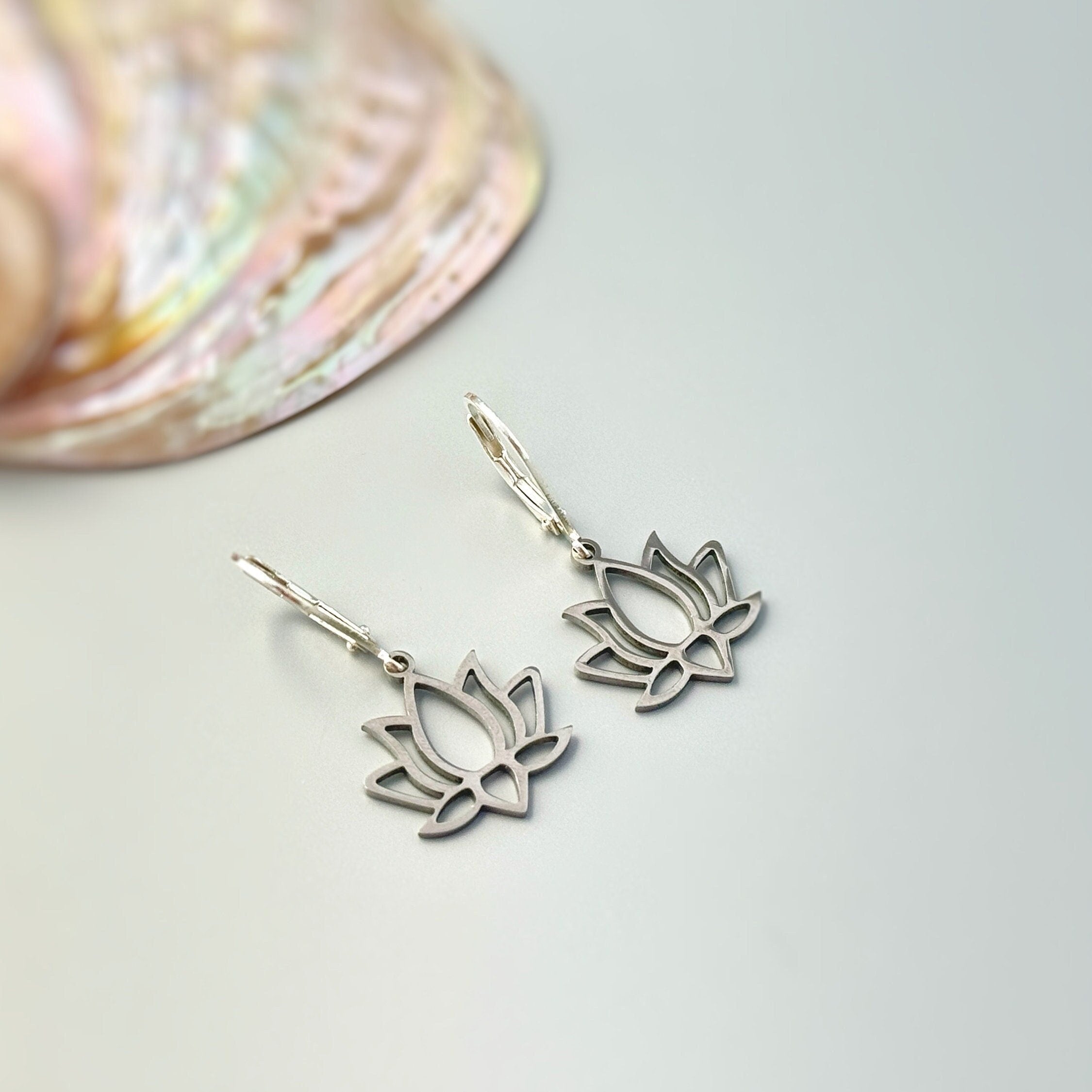 Silver Lotus Flower Earrings dangle drop boho lily handmade floral jewelry for summer July Birth Month flower nature jewelry gift