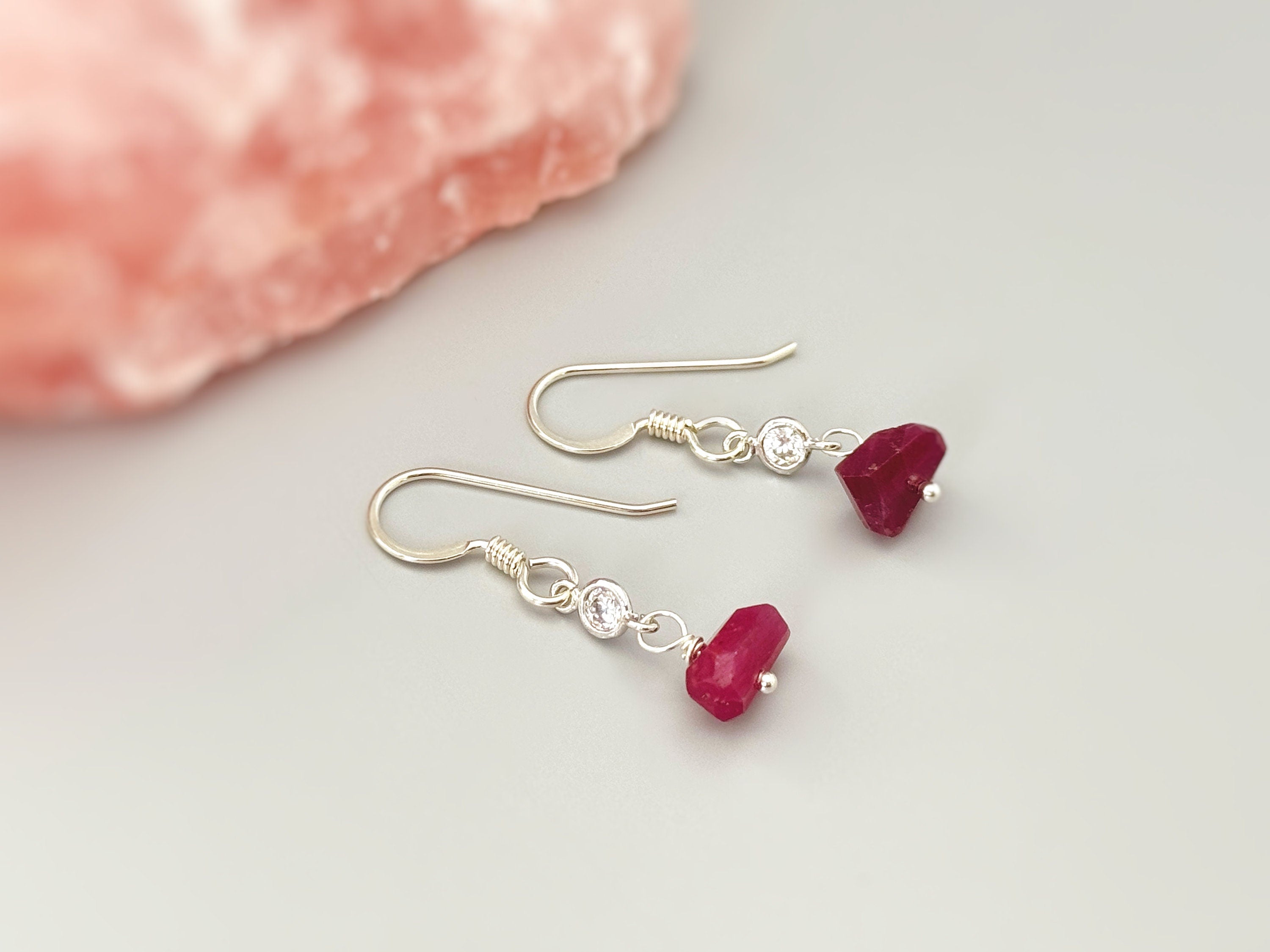 Raw Ruby Earrings Dangly Gold Fill, Sterling Silver dainty gemstone crystal earrings July Birthstone Handmade jewelry gift for woman