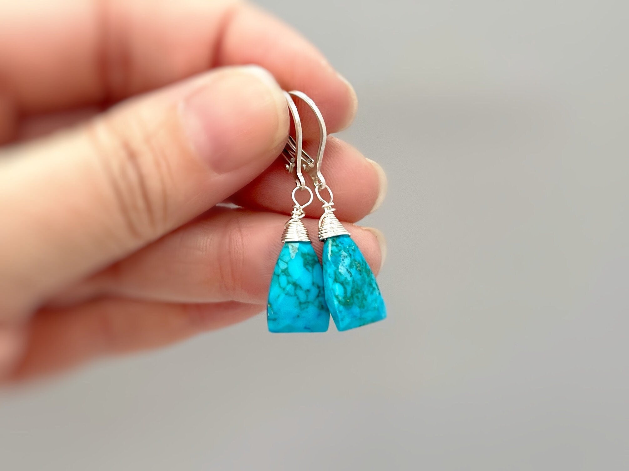 Turquoise Earrings dangle Silver, 14k Gold leverback dangly handmade blue gemstone birthstone jewelry gift for wife mom