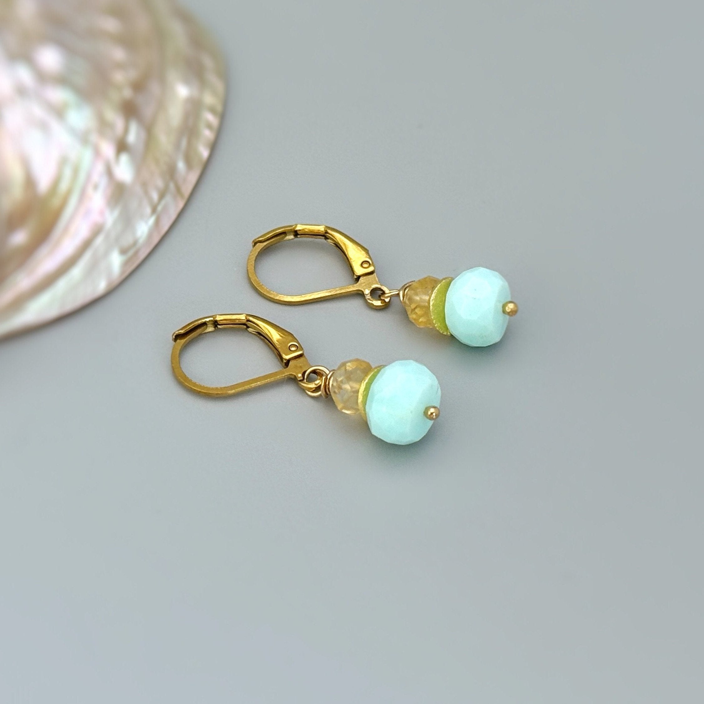 Aqua sea blue Peruvian Opal earrings with Citrine in gold fill or sterling silver soft beachy summer earrings for women