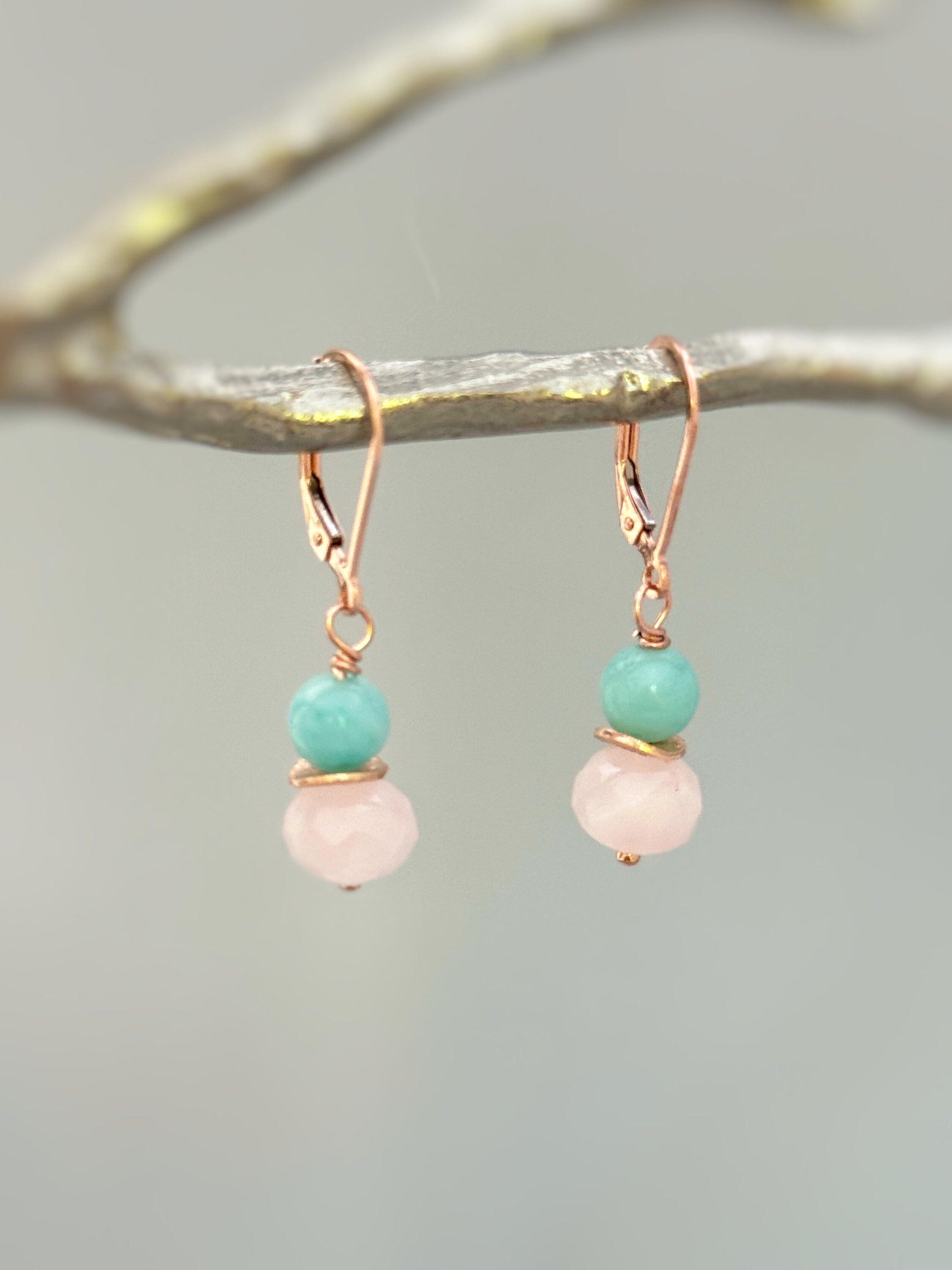 Pink Rose Quartz Earrings dangle dainty rose gold Sterling Silver handmade gemstone jewelry romantic dangly earrings gift for girlfriend mom