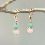 Romantic and Feminine dainty Rose Quartz and Peruvian Opal dangle earrings in Rose Gold Fill a lovely gift for a mom, wife, girlfriend