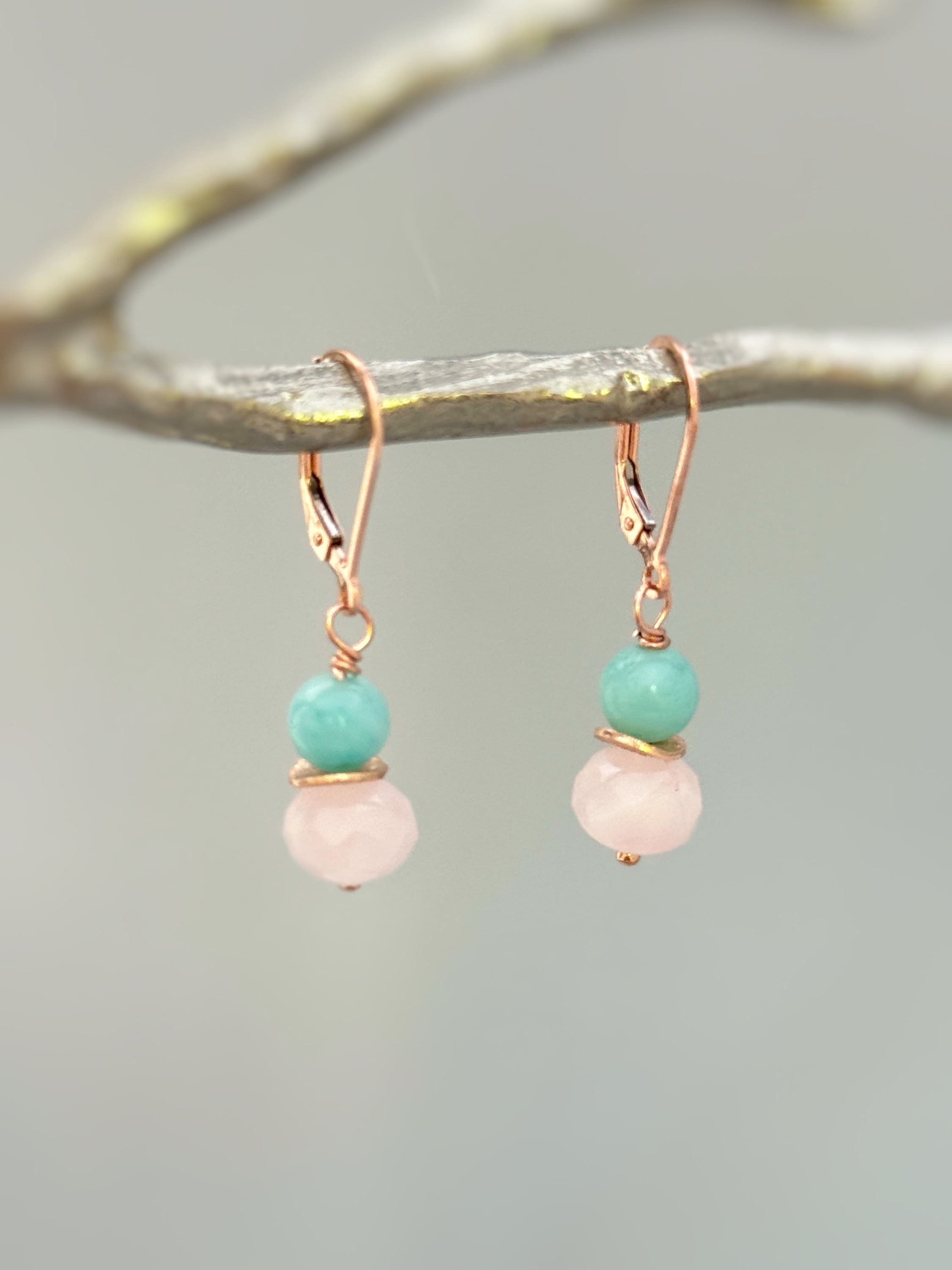 Romantic and Feminine dainty Rose Quartz and Peruvian Opal dangle earrings in Rose Gold Fill a lovely gift for a mom, wife, girlfriend