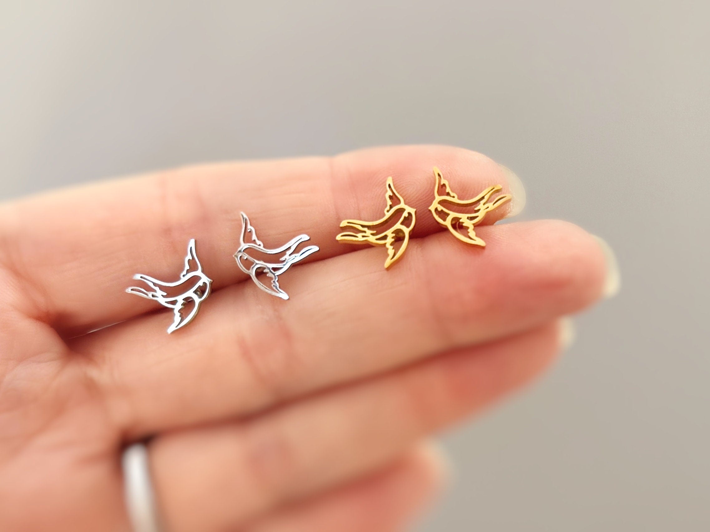 Tiny Swallow Bird Earrings dainty small studs in silver, gold, rose gold cartilage second hole sleeper animal jewelry for bird lover watcher