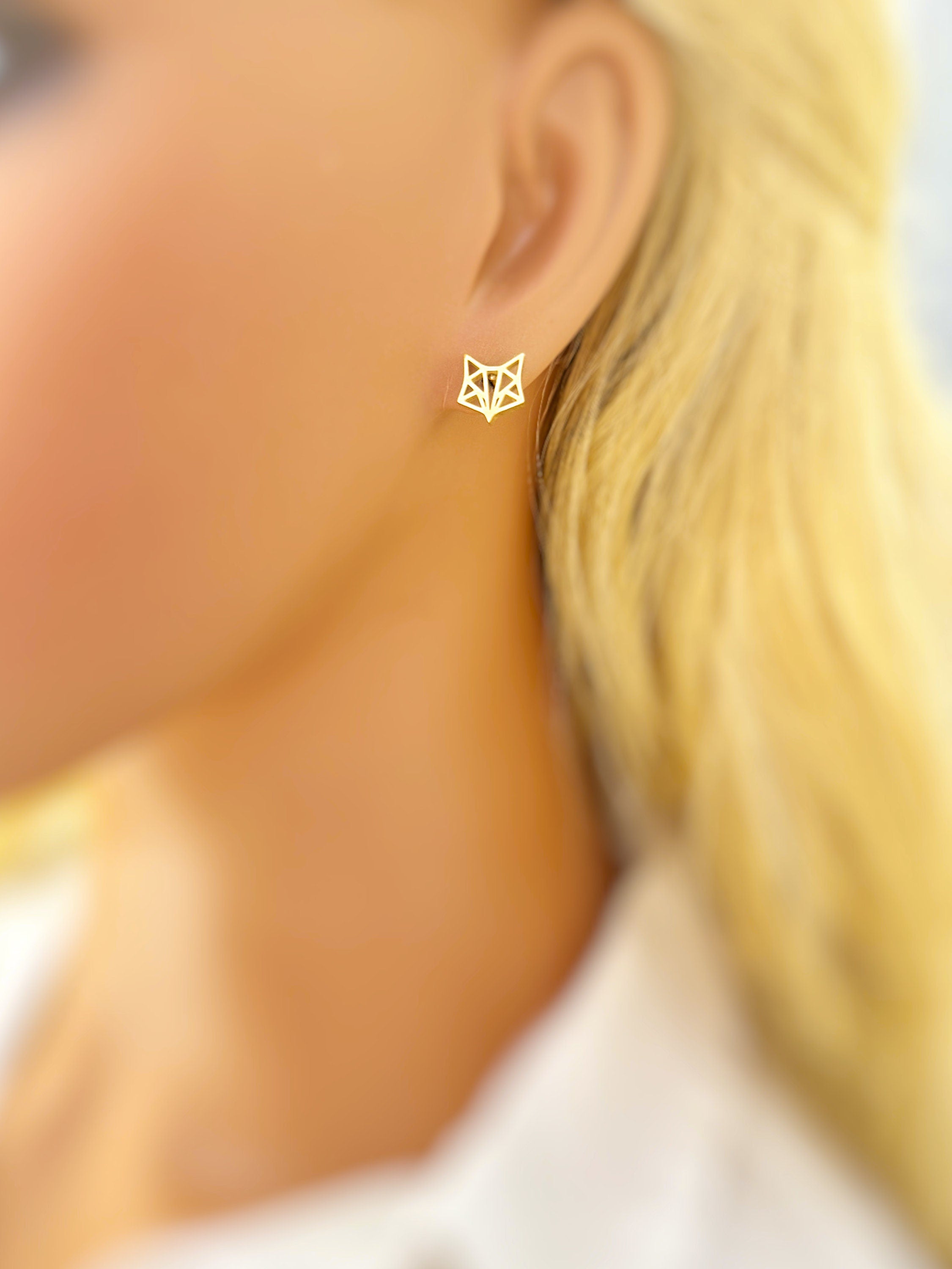 Dainty Origami Fox Earrings tiny small studs in gold, silver, rose gold cartilage second hole sleeper waterproof jewelry animal lover gift