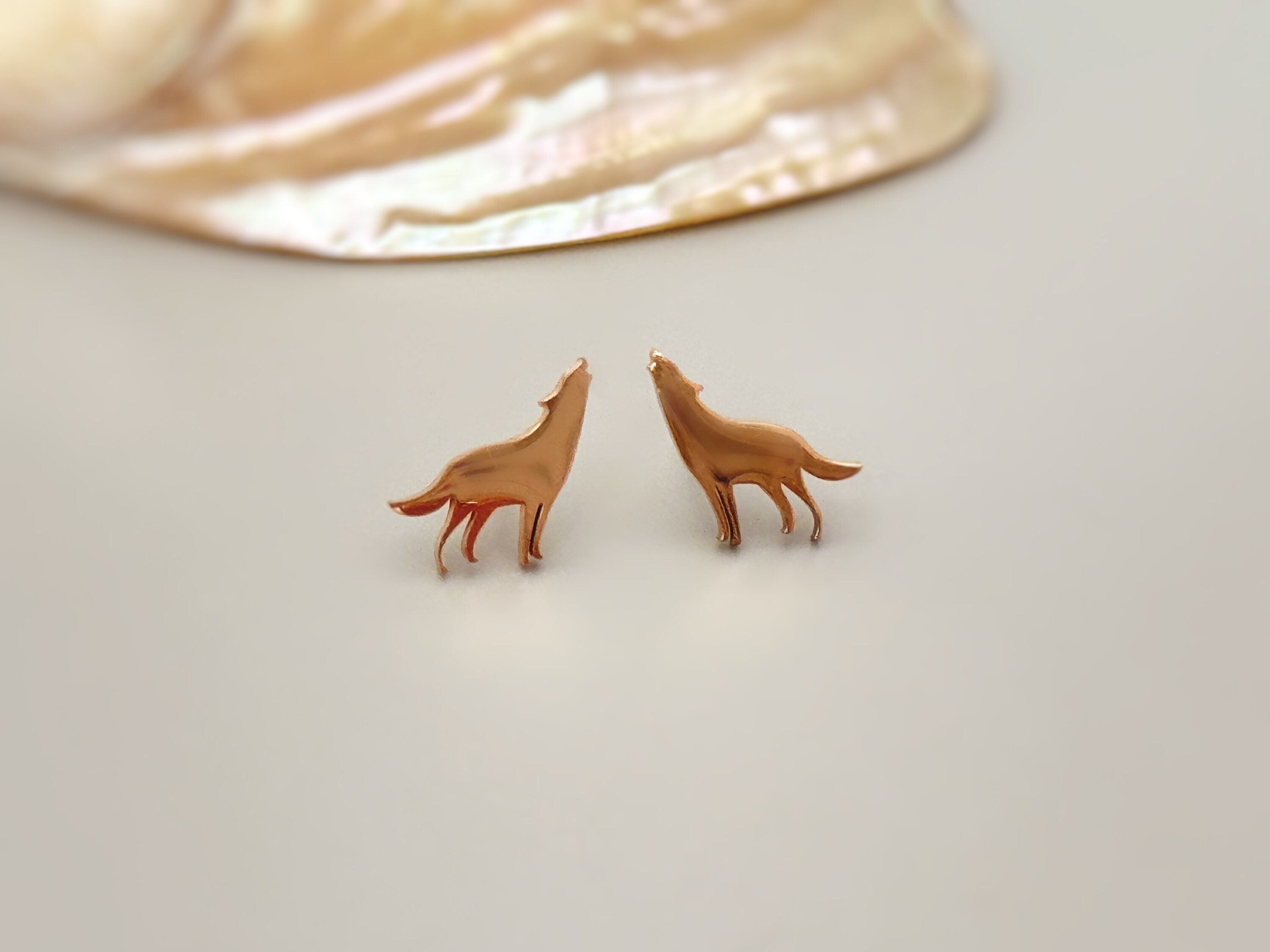 Tiny Wolf Stud Earrings in silver, gold, rose gold. Fox husky dog earrings for second piercing