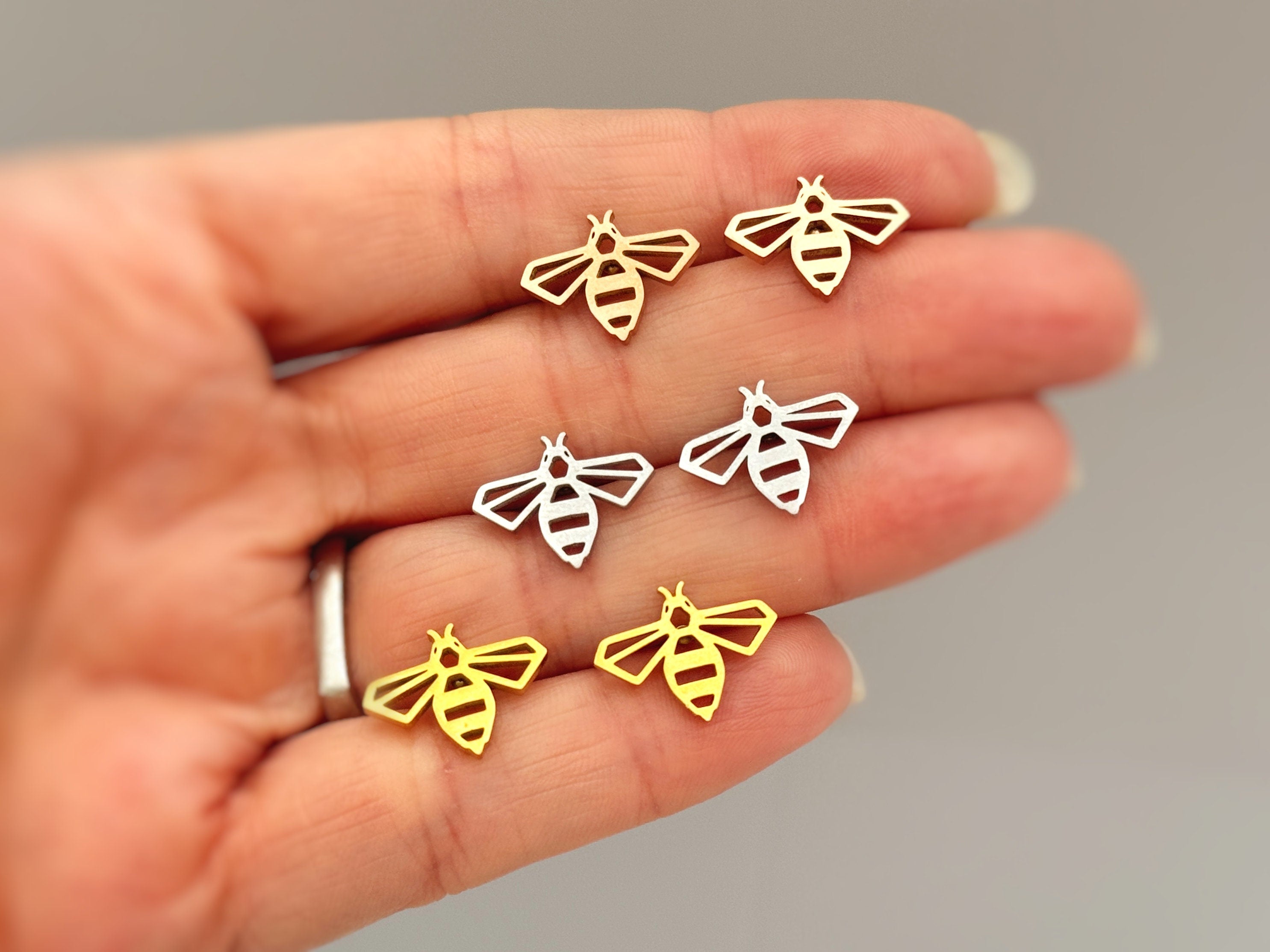 Honey Bee Earrings dainty stud earrings in gold, rose gold, silver cartilage second hole sleeper bumble bee jewelry for bug, nature lover