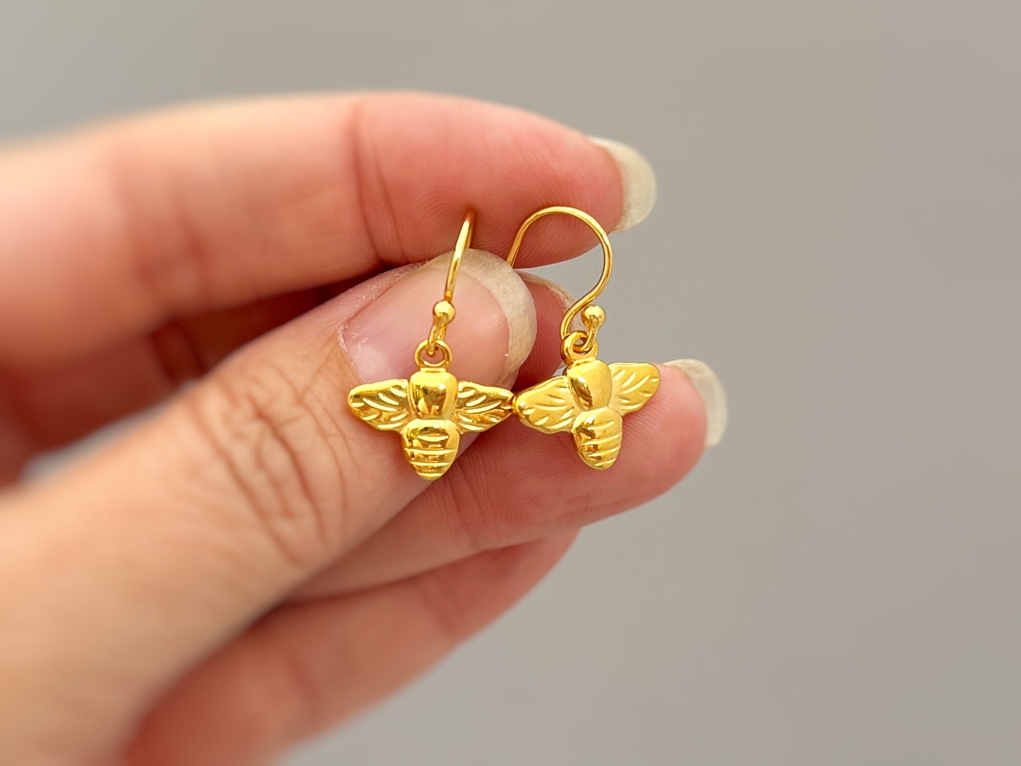 Dainty Bumble Bee Earrings dangle Sterling Silver, gold handmade boho jewelry gift for nature lovers unique trendy gifts for granddaughter