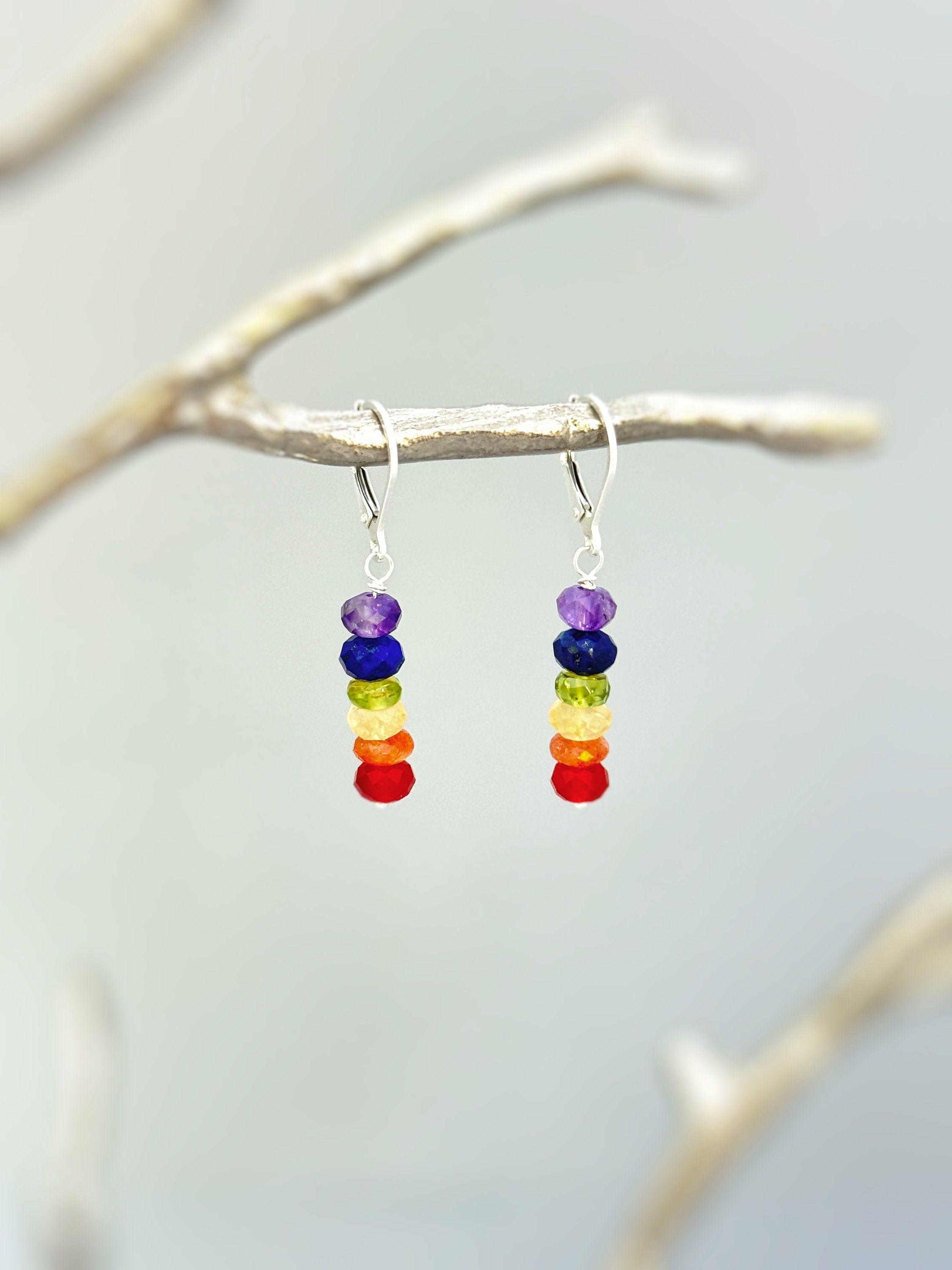 Rainbow gemstone earrings unique long dangle colorful crystal whimsical quirky handmade pride jewelry lgbtq gift for her, girlfriend, wife