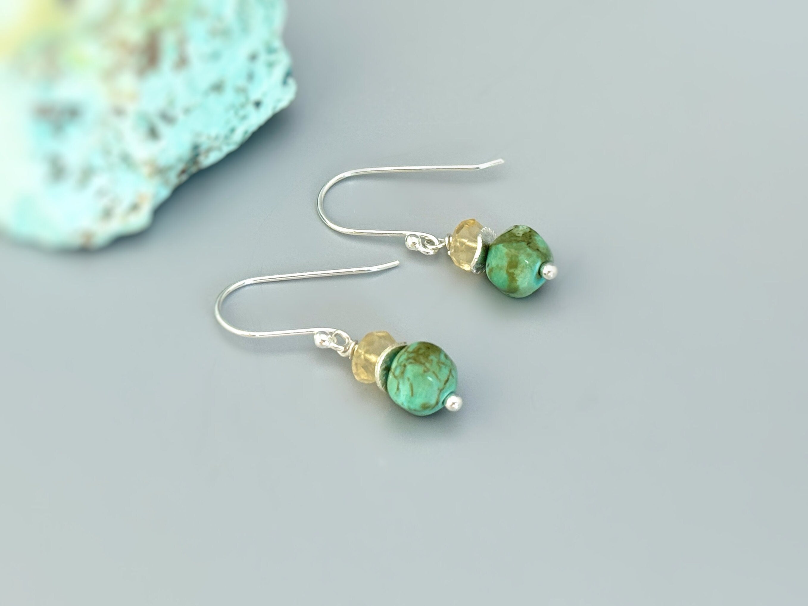 Citrine and Turquoise Earrings silver drop dangle. Handmade December birthstone jewelry for women