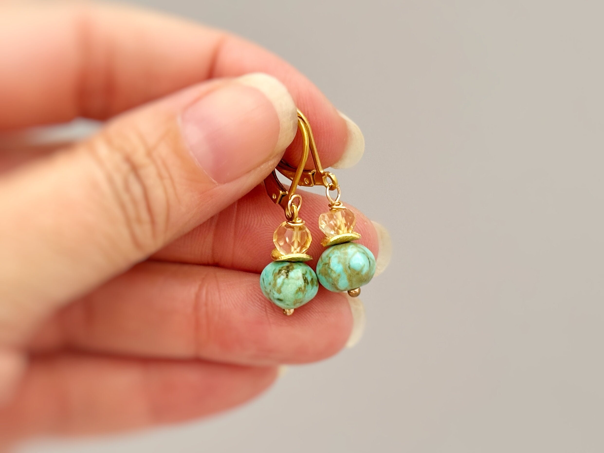 Citrine and Turquoise Earrings gold drop dangle. Handmade December birthstone jewelry for women