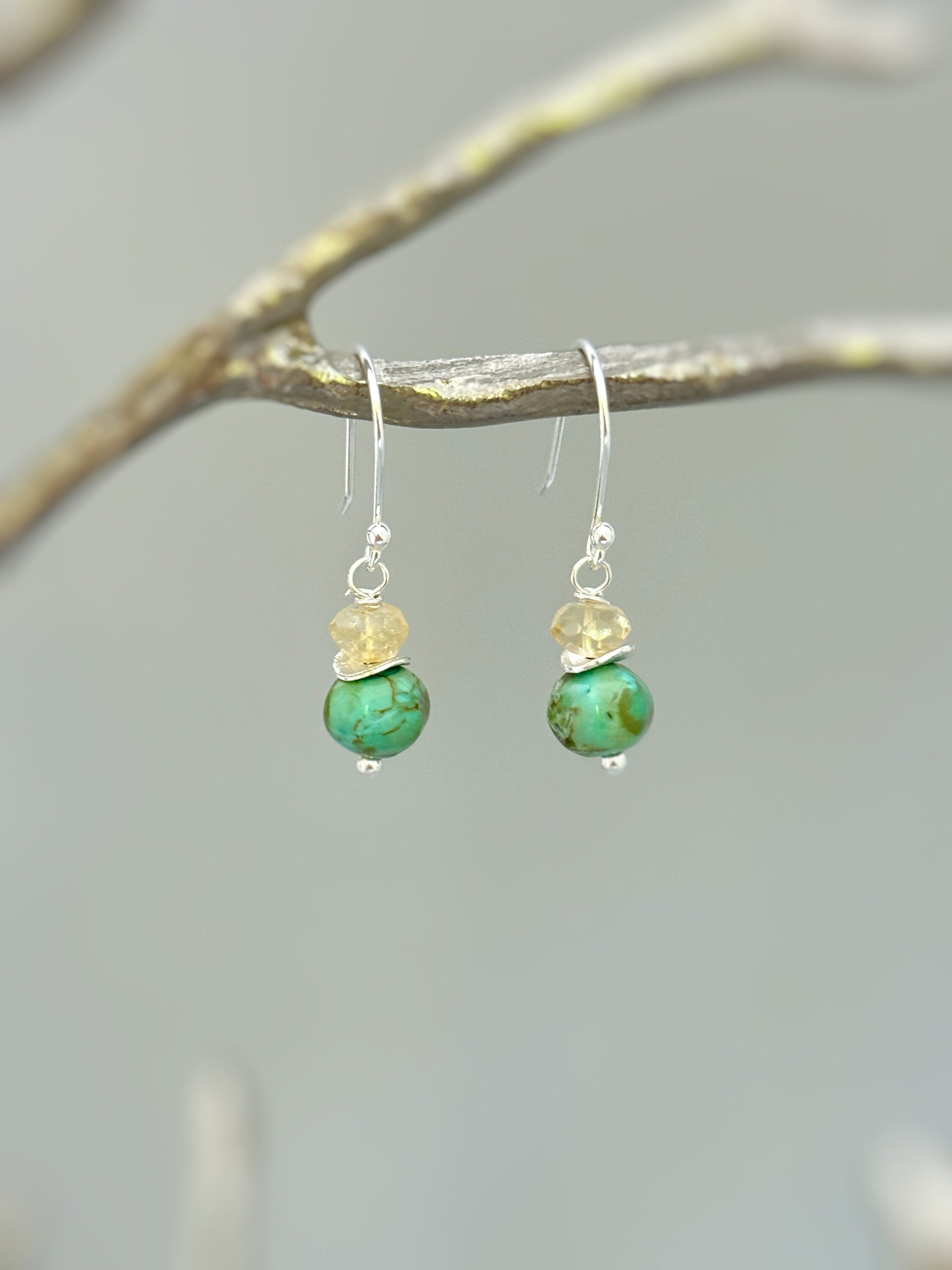 Citrine and Turquoise Earrings dangle Gold Silver 14k leverback dangly handmade blue gemstone birthstone jewelry gift for mom, friend, wife