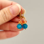 Dangly Sunstone Gemstone Earrings in gold or sterling silver handmade orange blue Apatite jewelry drop earrings gift for sister, friend, mom