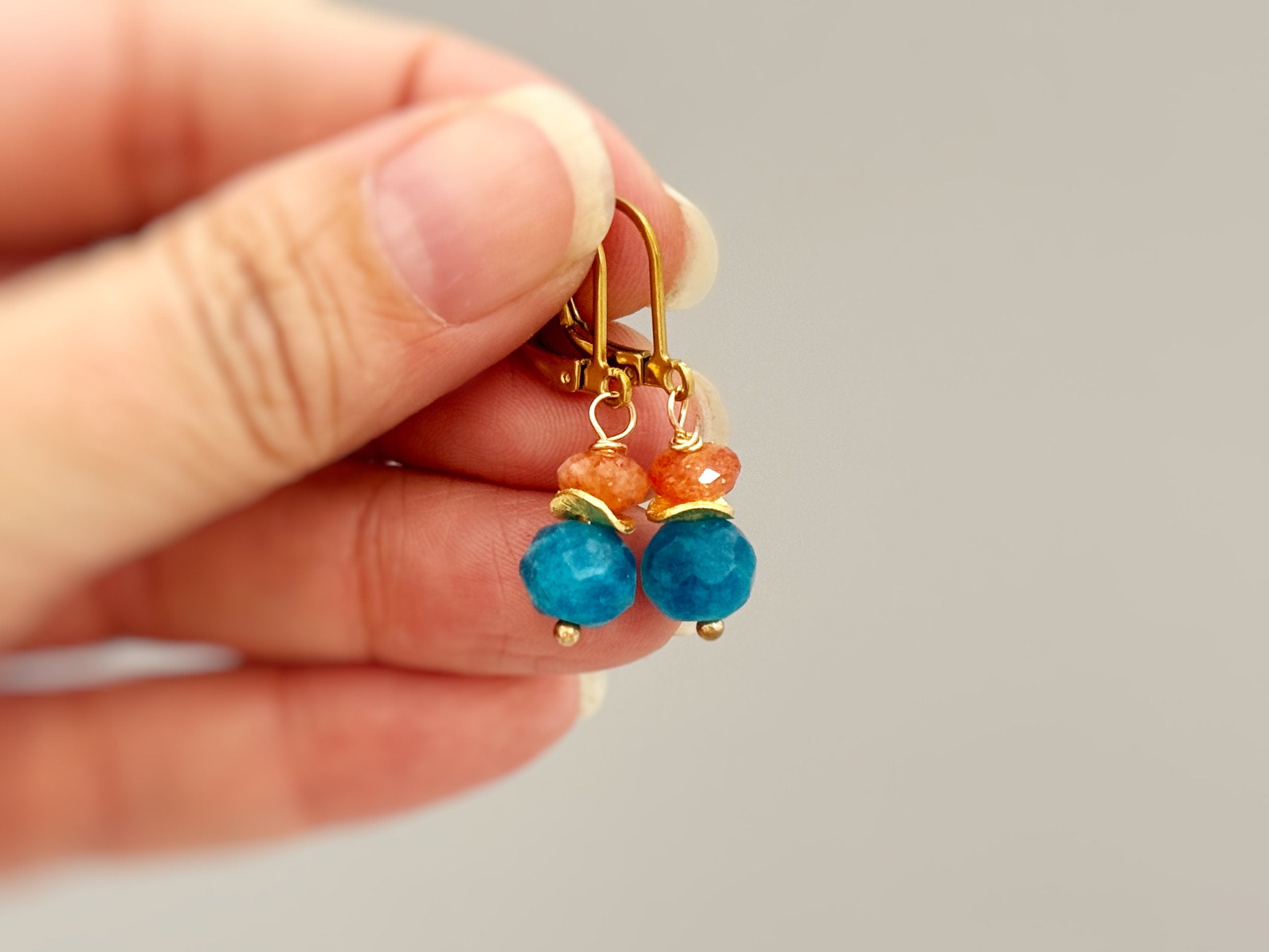 Dangly Sunstone Gemstone Earrings in gold or sterling silver handmade orange blue Apatite jewelry drop earrings gift for sister, friend, mom