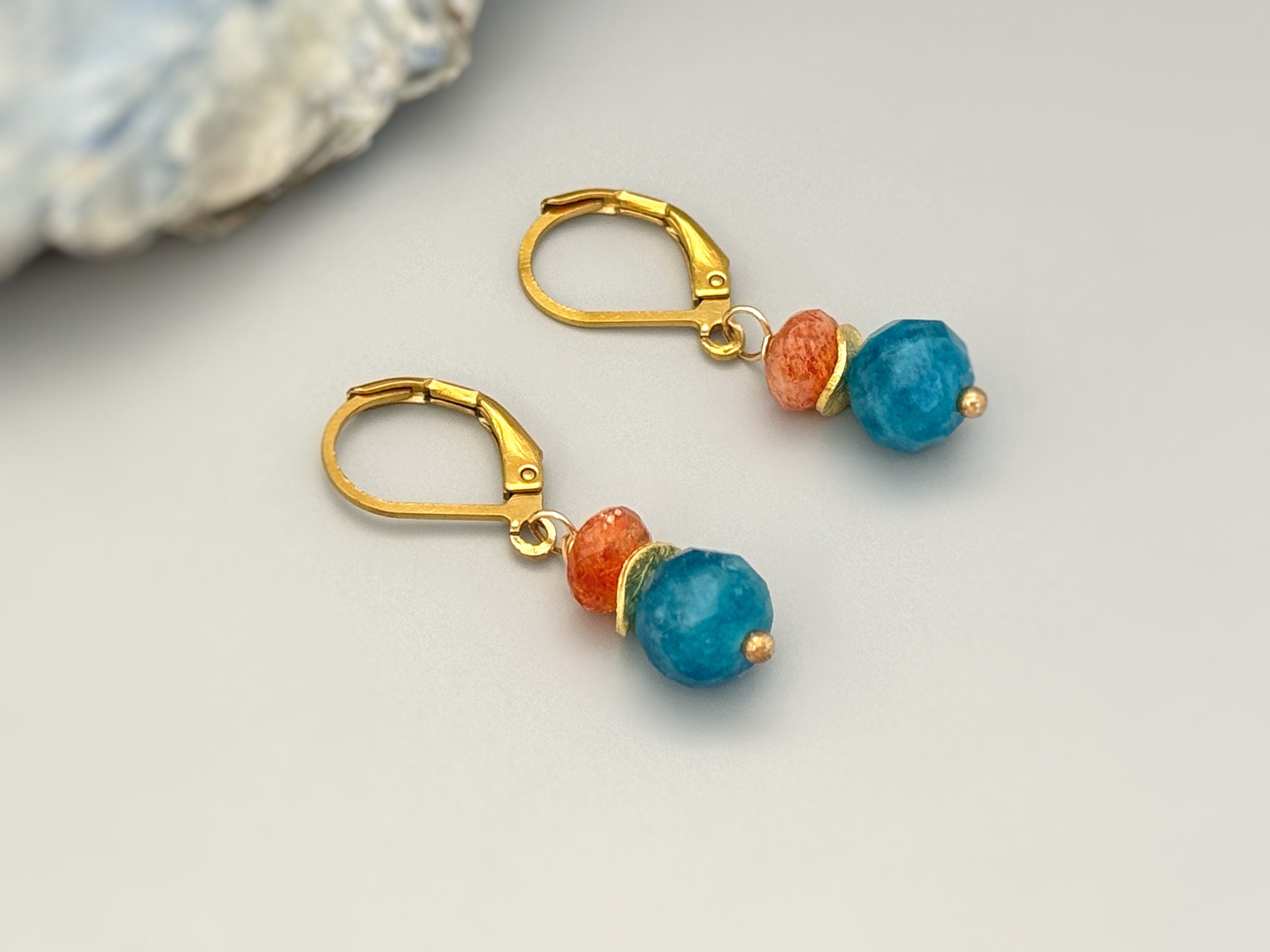 Dangly Sunstone Gemstone Earrings in gold or sterling silver handmade orange blue Apatite jewelry drop earrings gift for sister, friend, mom