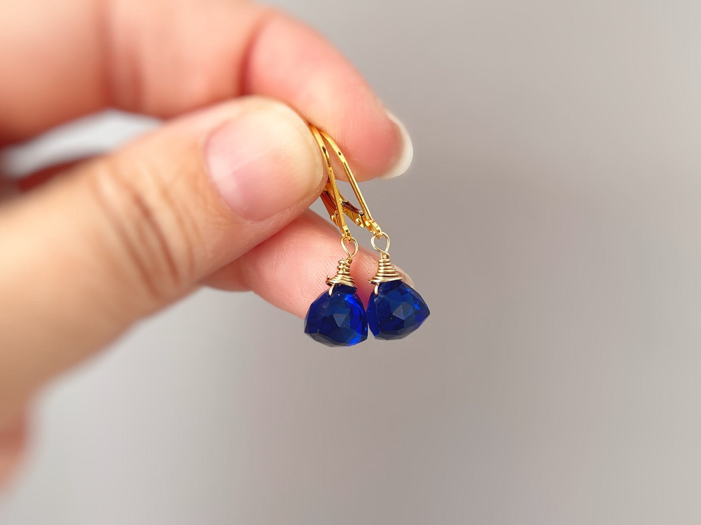 Sapphire Blue dangling earrings sterling silver, gold rose gold dainty tear drop crystal drop Kyanite Blue Quartz gemstone jewelry gift