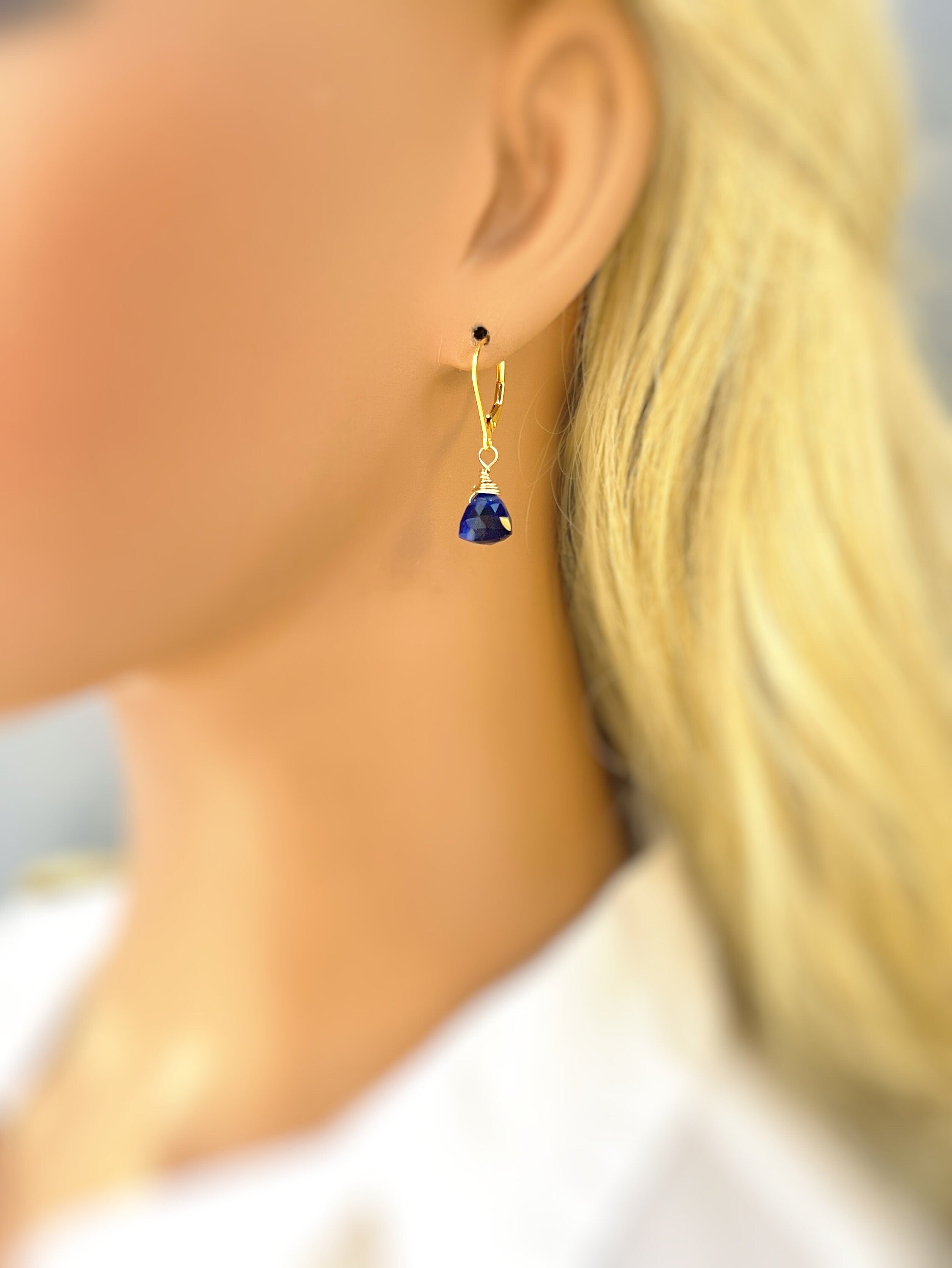 Sapphire Blue dangling earrings sterling silver, gold rose gold dainty tear drop crystal drop Kyanite Blue Quartz gemstone jewelry gift