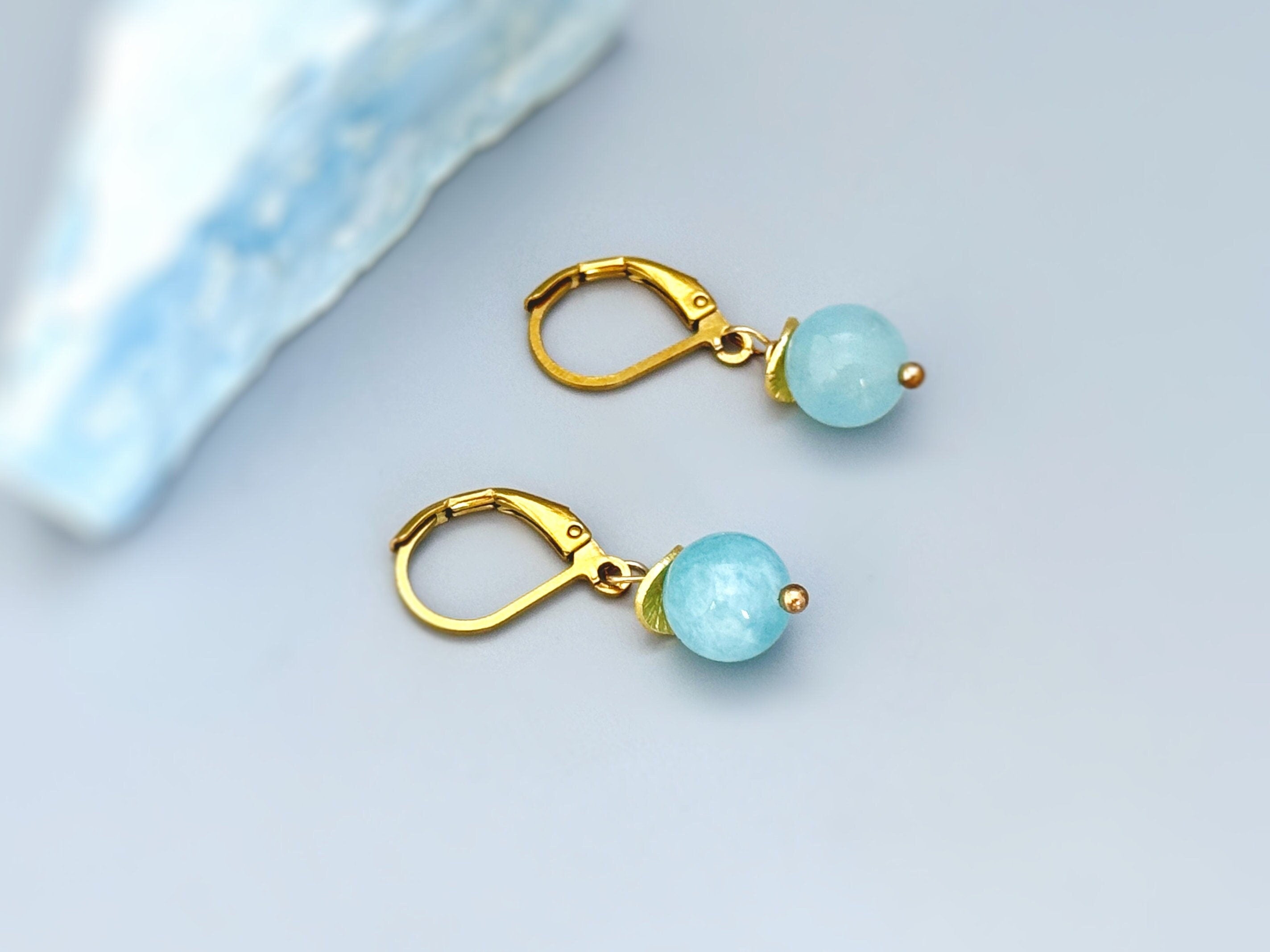 Handmade Aquamarine earrings dangle in gold, rose gold or sterling silver. March Birthstone gift for mom, sister, wife. Lightweight everyday modern jewelry for women