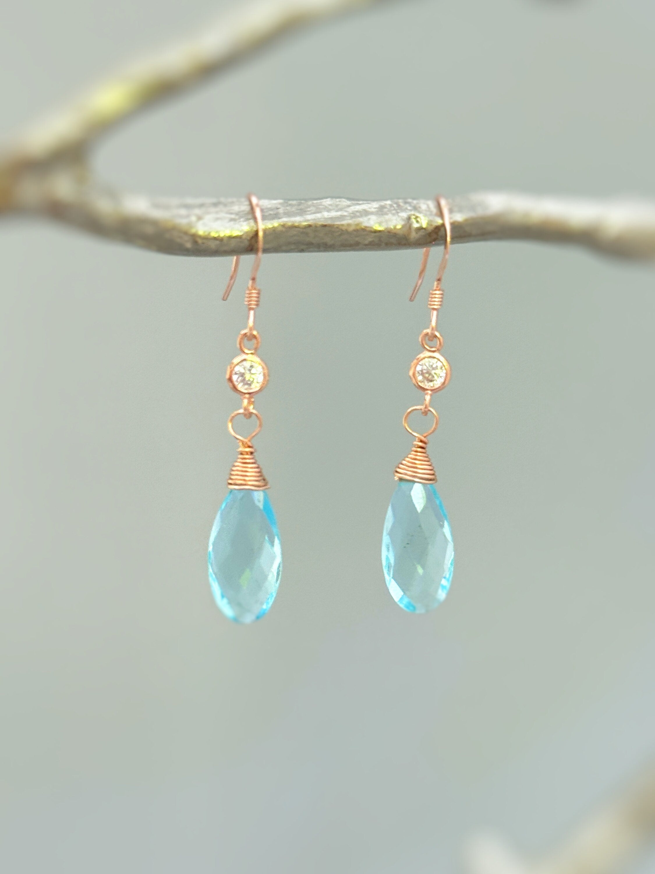 Aquamarine Crystal earrings in rose gold, gold fill or sterling silver. Dainty, Feminine blue gemstone march birthstone jewelry gift for mom, sister, or wife