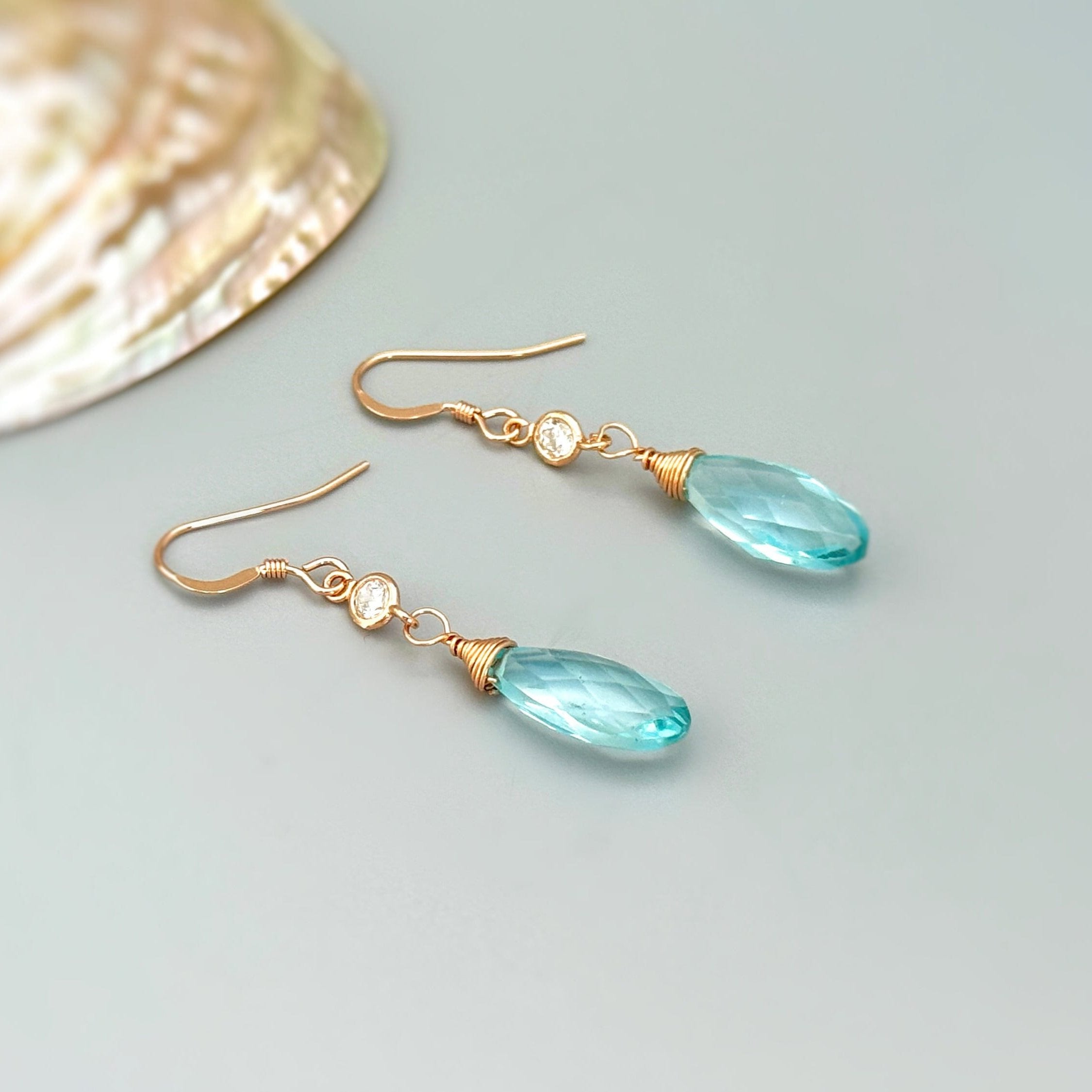 Aquamarine Crystal earrings in rose gold, gold fill or sterling silver. Dainty, Feminine blue gemstone march birthstone jewelry gift for mom, sister, or wife