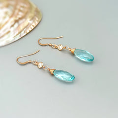 Aquamarine Crystal earrings in rose gold, gold fill or sterling silver. Dainty, Feminine blue gemstone march birthstone jewelry gift for mom, sister, or wife