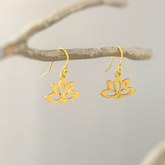 Gold Water Lily Flower Earrings dangle drop boh lotus handmade floral jewelry for summer July Birth Month flower nature jewelry gift