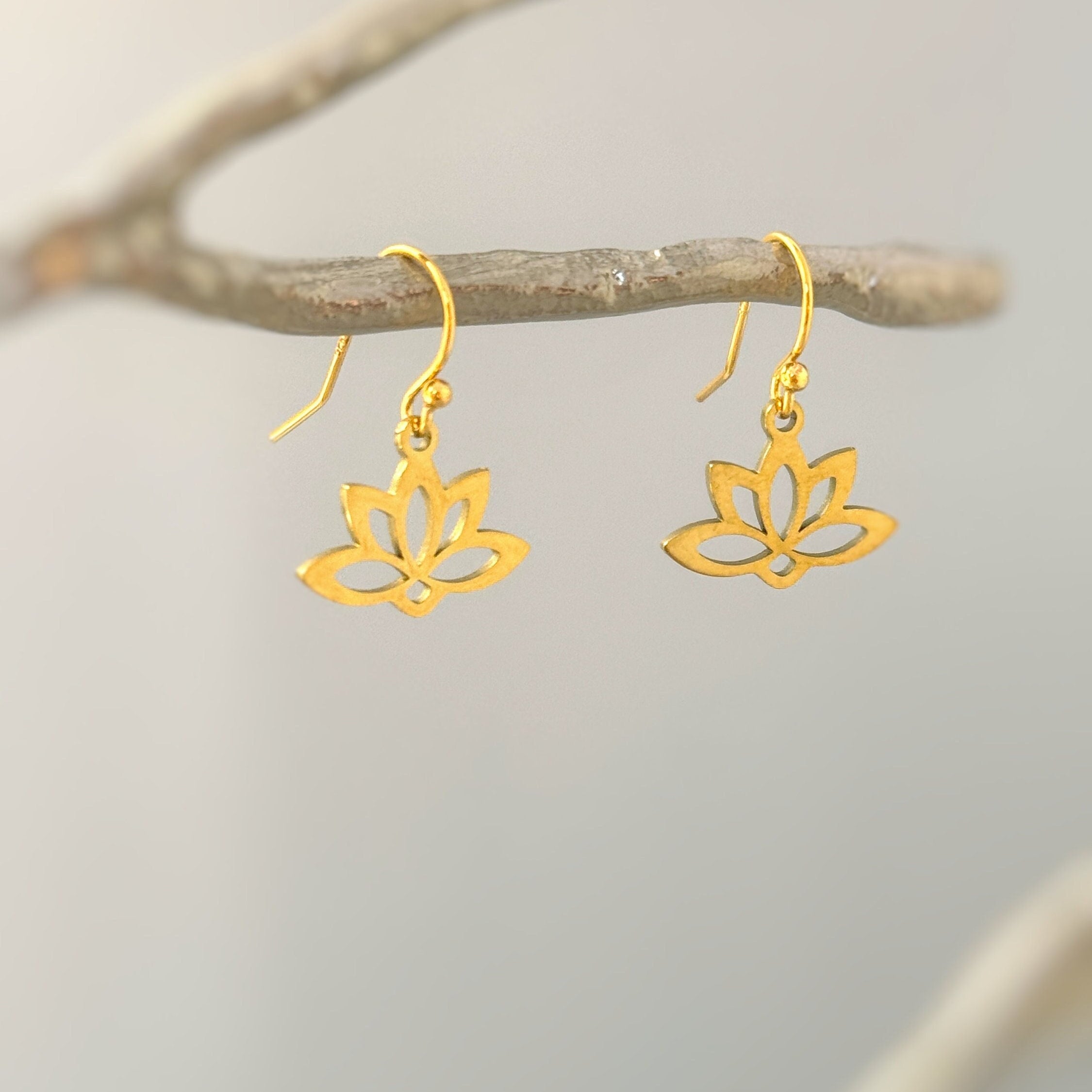 Lotus Earrings Huggie Hoops dangle Gold, Silver Water Lily jewelry