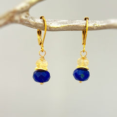 Gold Lapis Lazuli and Citrine blue and yellow gemstone Earrings dangle