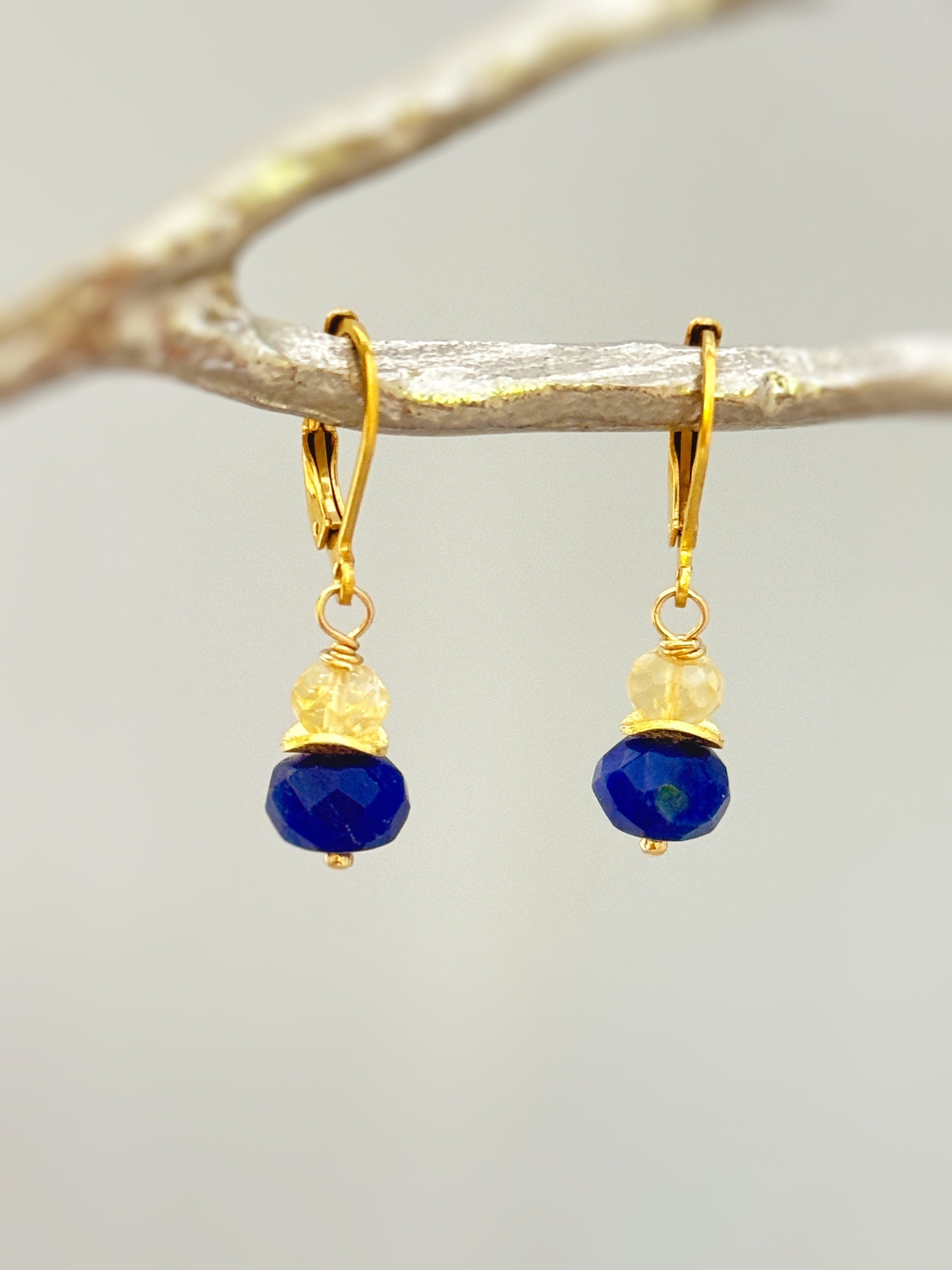 Gold Lapis Lazuli and Citrine blue and yellow gemstone Earrings dangle