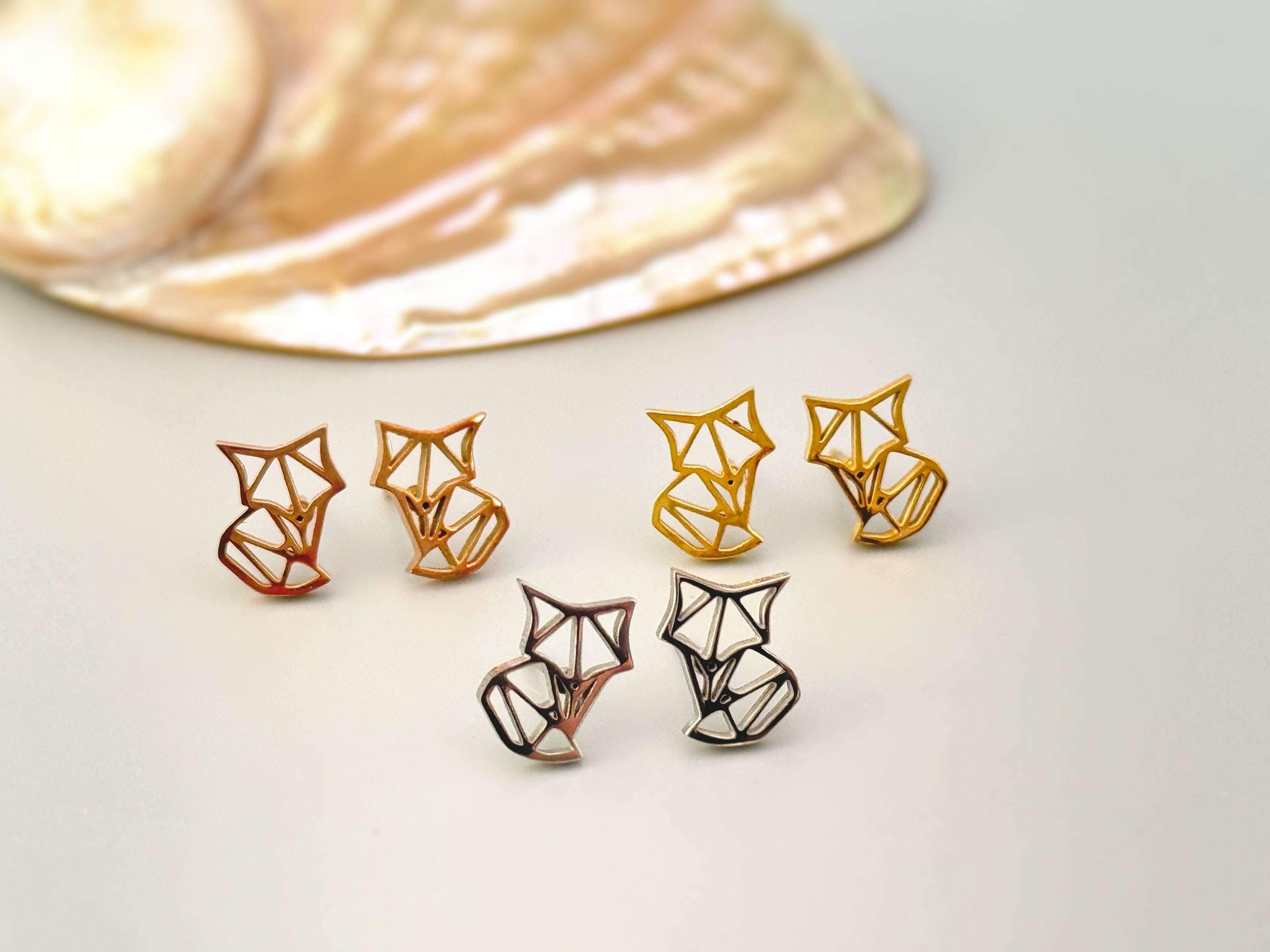 Tiny Origami Fox Stud Earrings in Gold, silver, and rose gold