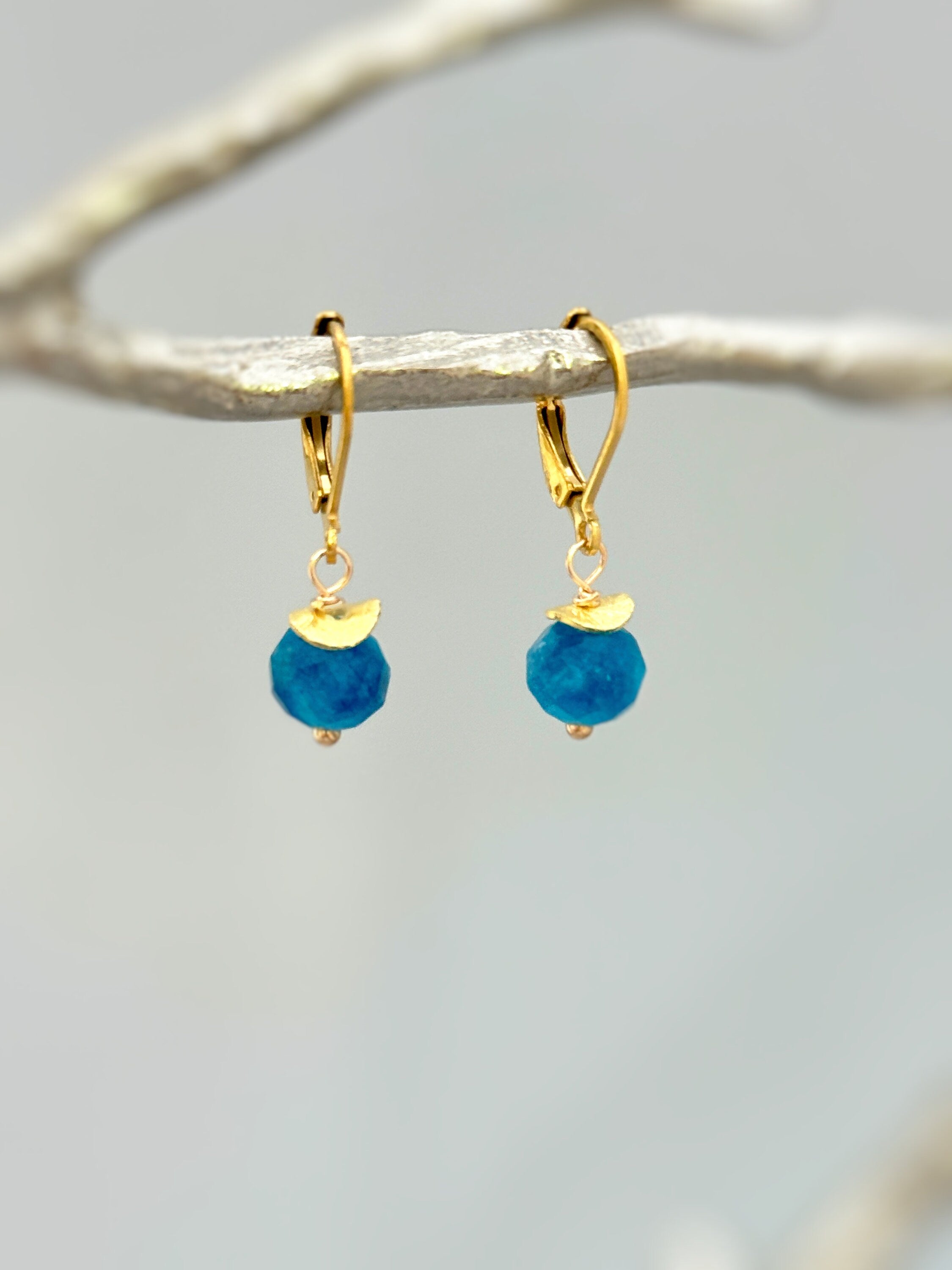 Dainty Blue Apatite Earrings Dangle 14k Gold, Sterling Silver rose gold modern lightweight everyday handmade gemstone jewelry gift for mom