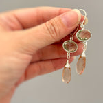 Green Amethyst and Morganite earrings dangle, Sterling Silver unique handmade jewelry for women green peach pink gemstone dangly drops gift