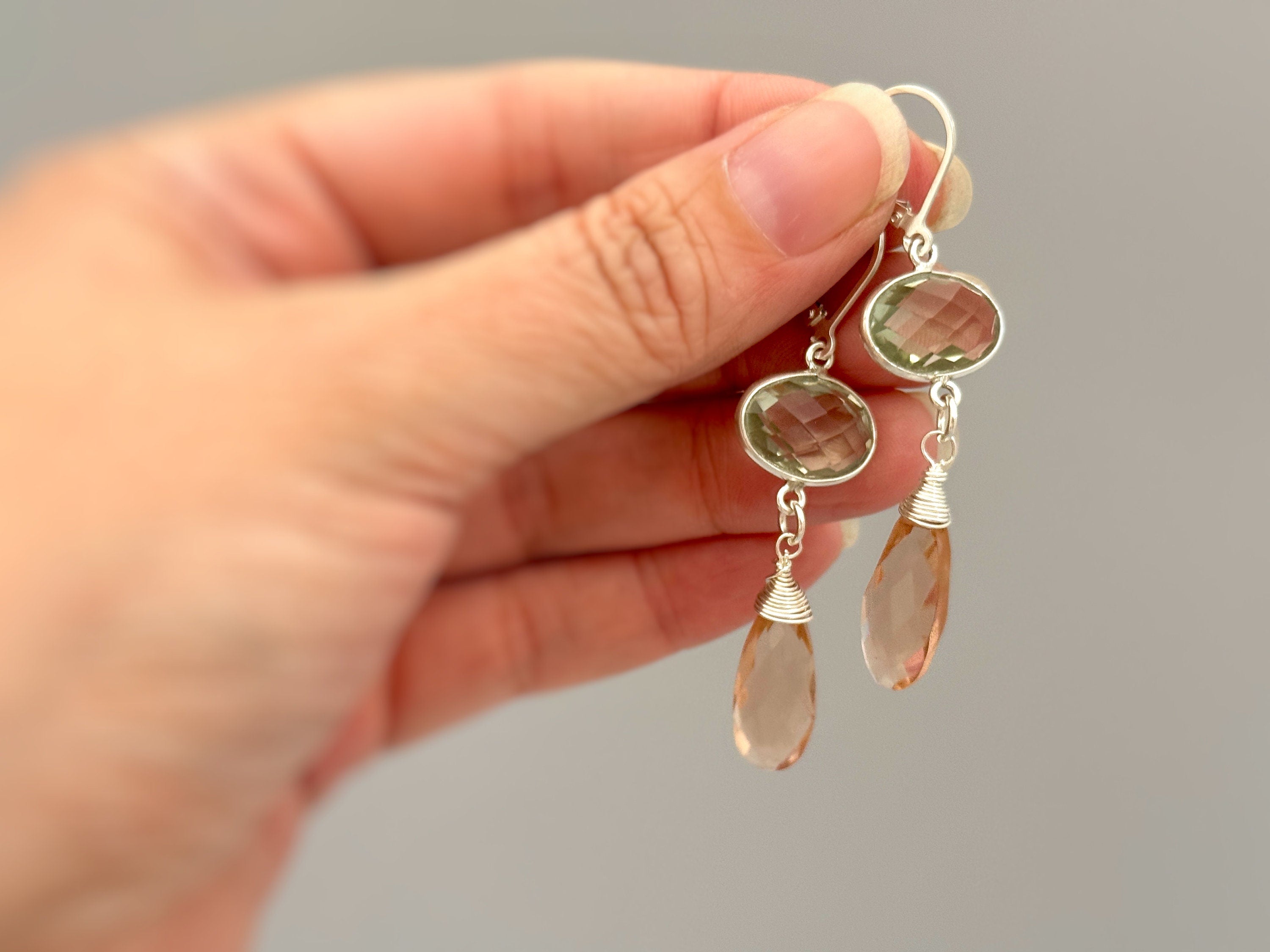 Green Amethyst and Morganite earrings dangle, Sterling Silver unique handmade jewelry for women green peach pink gemstone dangly drops gift