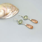 Green Amethyst and Morganite earrings dangle, Sterling Silver unique handmade jewelry for women green peach pink gemstone dangly drops gift