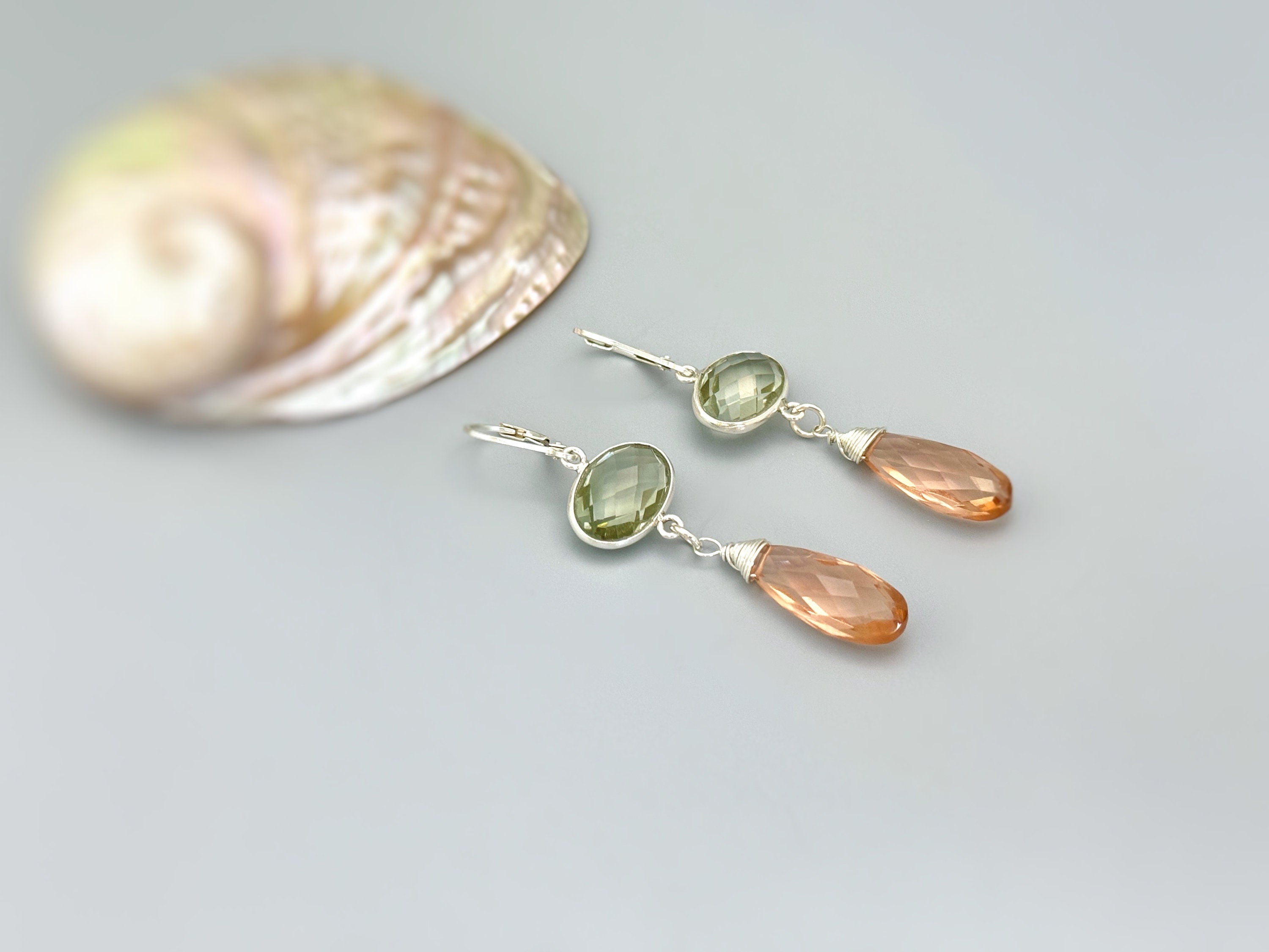 Green Amethyst and Morganite earrings dangle, Sterling Silver unique handmade jewelry for women green peach pink gemstone dangly drops gift