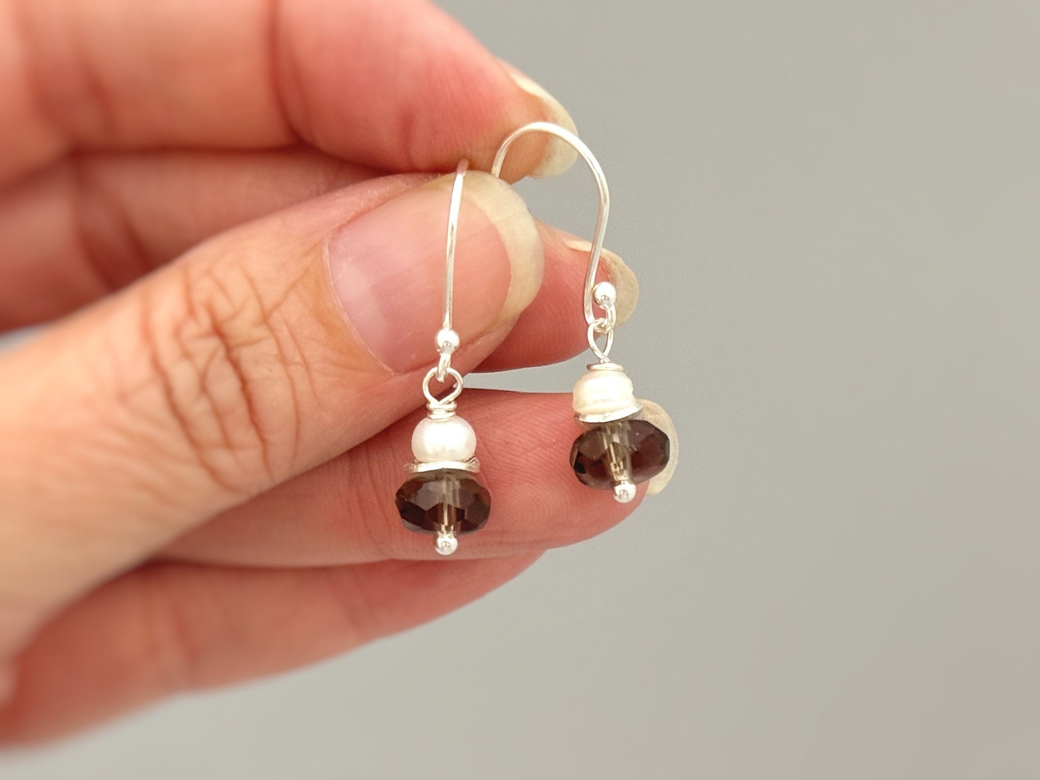 Smoky Quartz Freshwater Pearl Earrings dangle Sterling Silver gold dangly handmade gemstone handmade jewelry gift for wife, mom, daughter