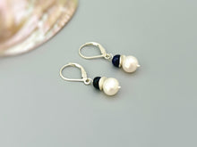 Load image into Gallery viewer, Pearl and Blue Sapphire Earrings dangle Sterling Silver Solid 14k gold dangly handmade gemstone pearl jewelry gift for wife, mom, daughter