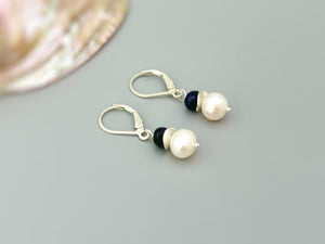 Pearl and Blue Sapphire Earrings dangle Sterling Silver Solid 14k gold dangly handmade gemstone pearl jewelry gift for wife, mom, daughter