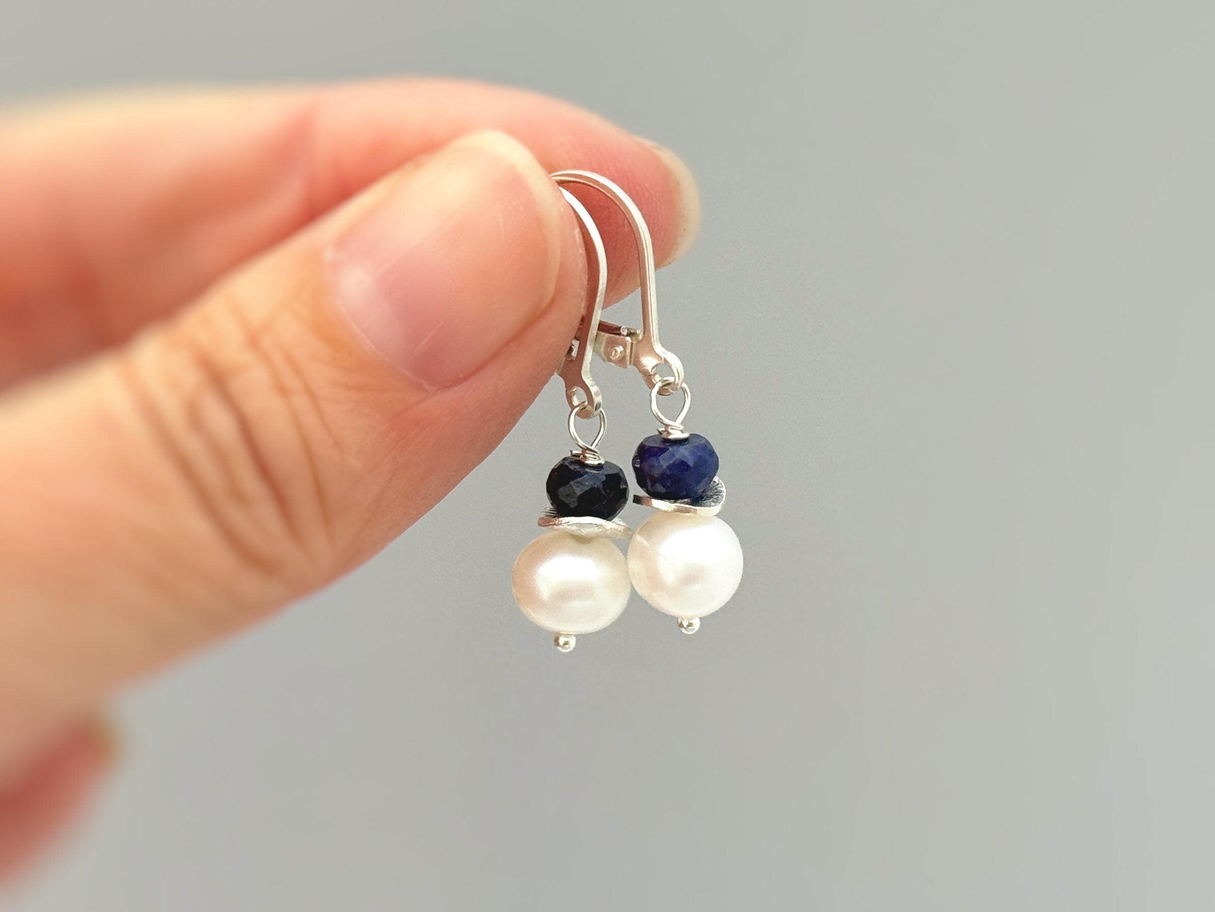 Pearl and Blue Sapphire Earrings dangle Sterling Silver Solid 14k gold dangly handmade gemstone pearl jewelry gift for wife, mom, daughter