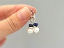 Load image into Gallery viewer, Pearl and Blue Sapphire Earrings dangle Sterling Silver Solid 14k gold dangly handmade gemstone pearl jewelry gift for wife, mom, daughter