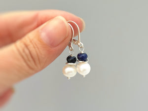 Pearl and Blue Sapphire Earrings dangle Sterling Silver Solid 14k gold dangly handmade gemstone pearl jewelry gift for wife, mom, daughter