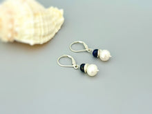 Load image into Gallery viewer, Pearl and Blue Sapphire Earrings dangle Sterling Silver Solid 14k gold dangly handmade gemstone pearl jewelry gift for wife, mom, daughter